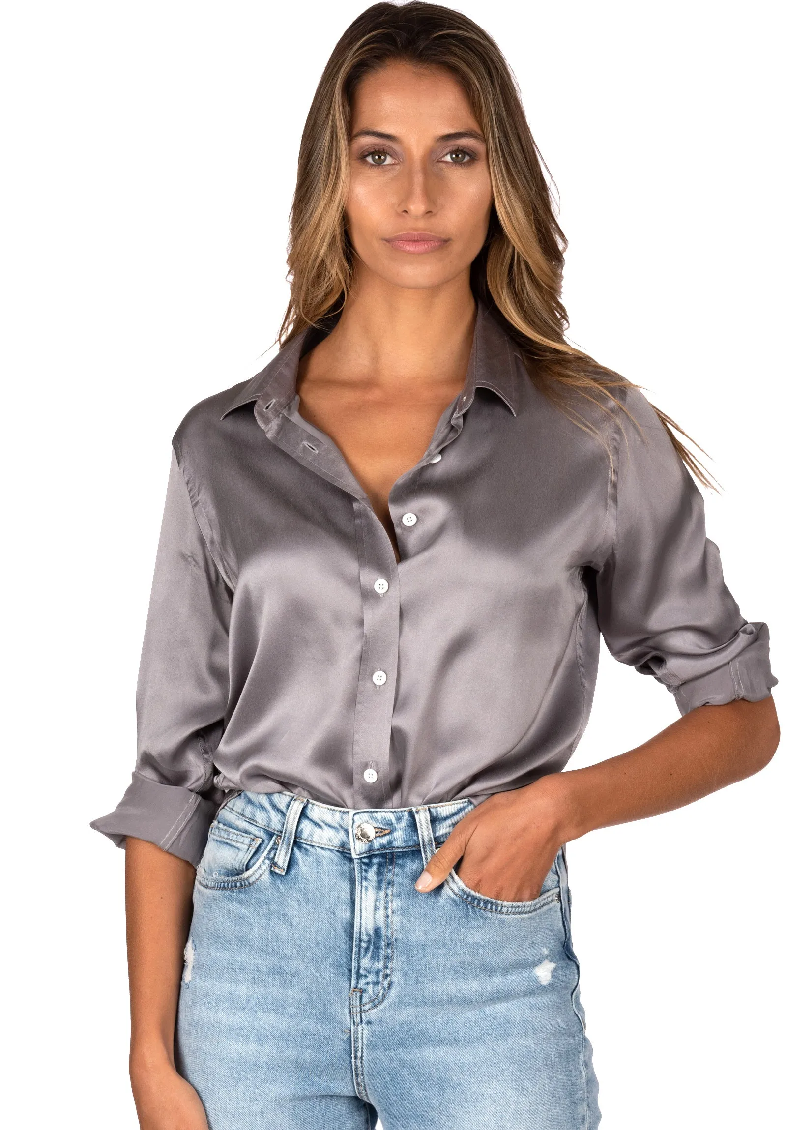 Satin-Silk Pearl Grey Classic Fit Charmeuse Silk Shirt