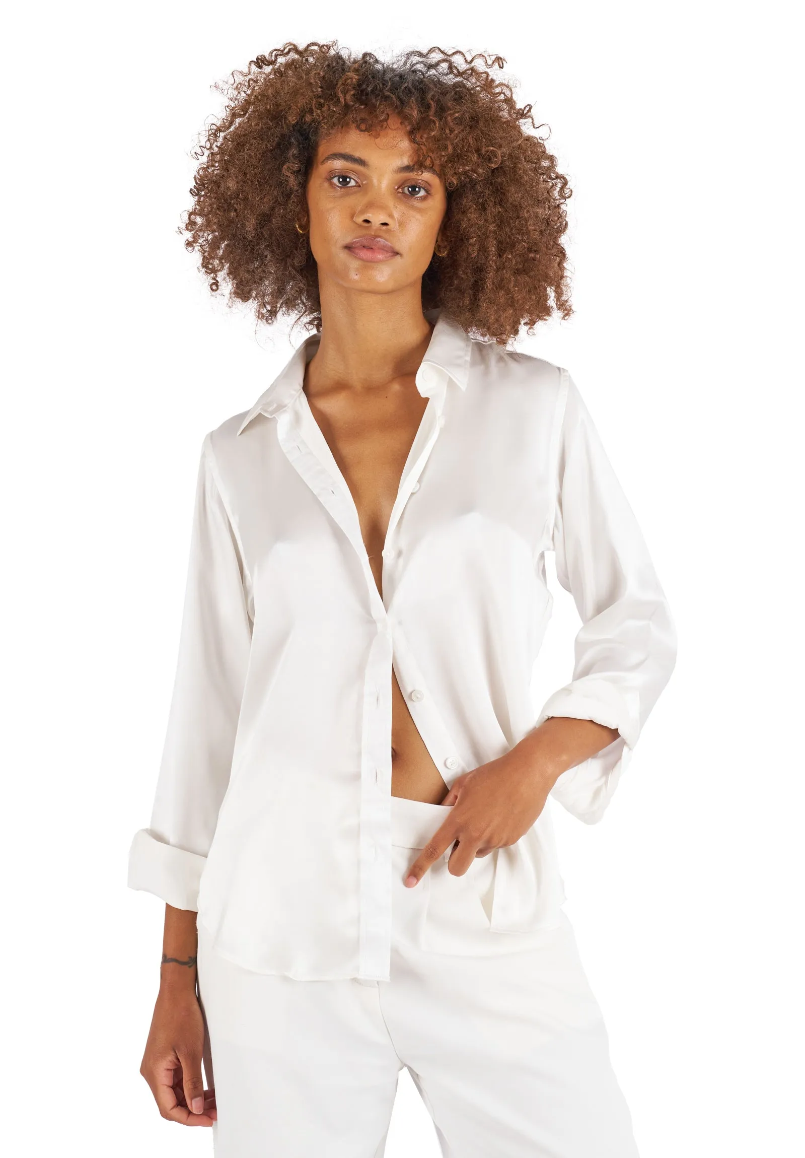 Satin-Silk White Classic Charmeuse Silk Shirt