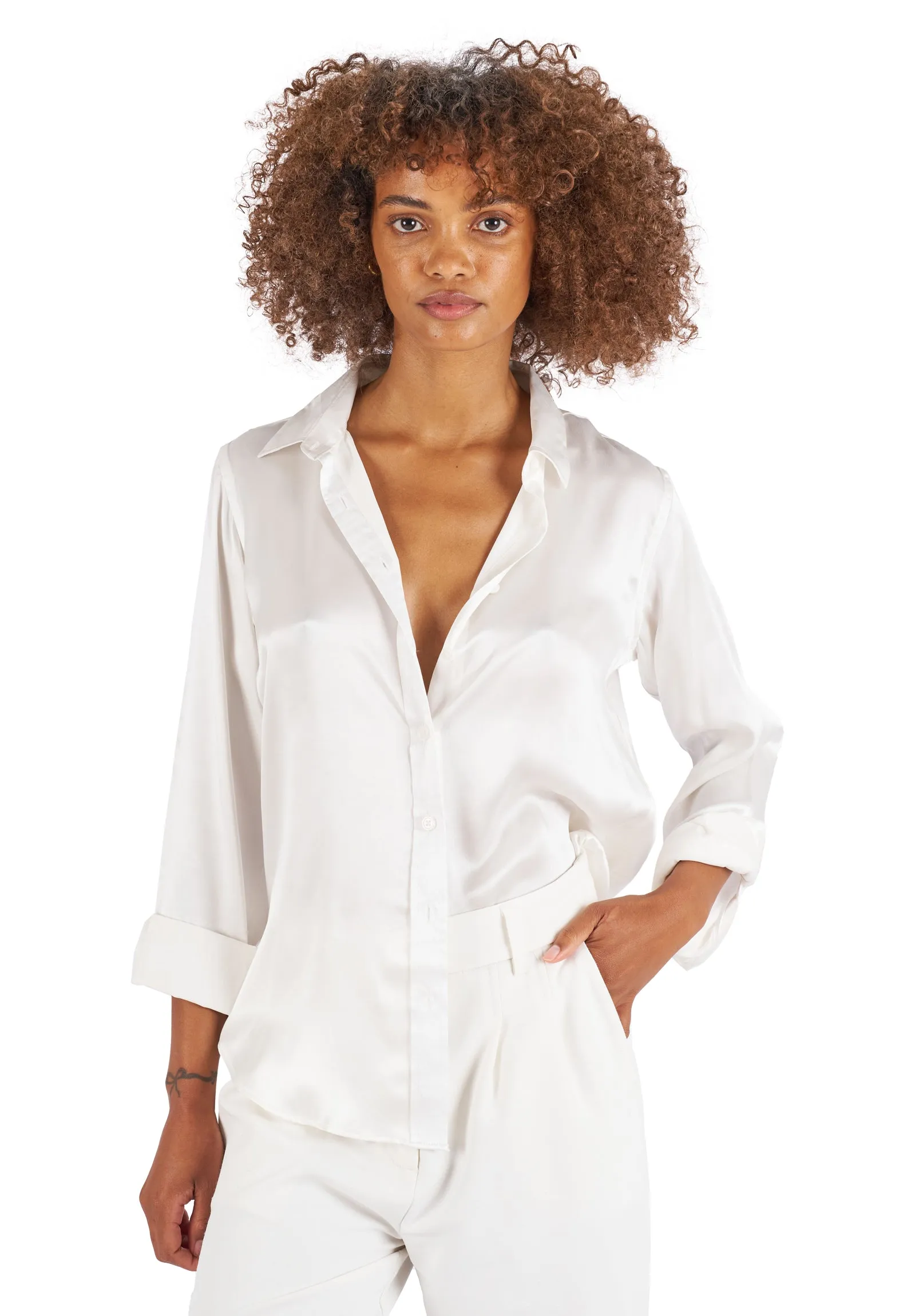 Satin-Silk White Classic Charmeuse Silk Shirt