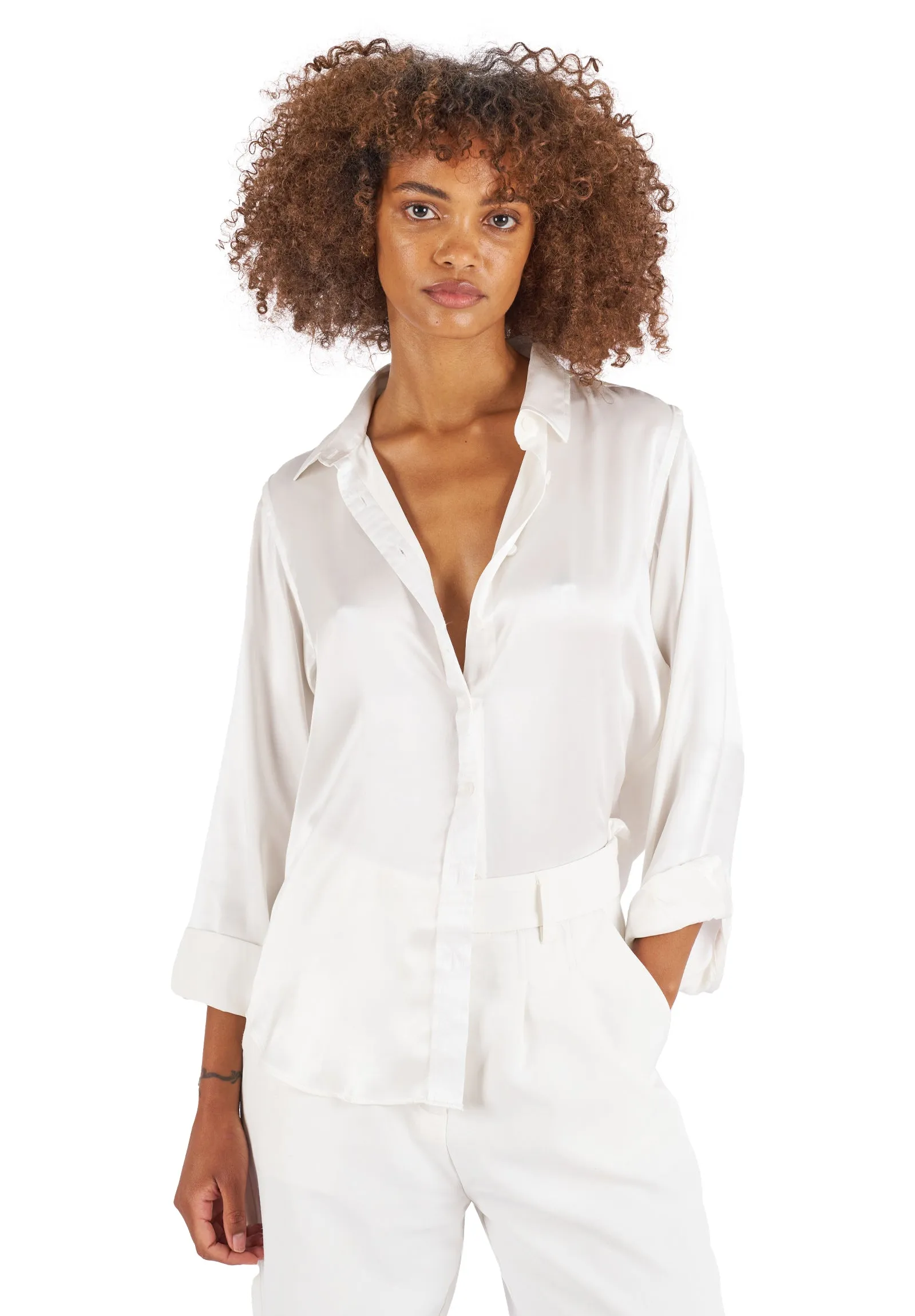 Satin-Silk White Classic Charmeuse Silk Shirt