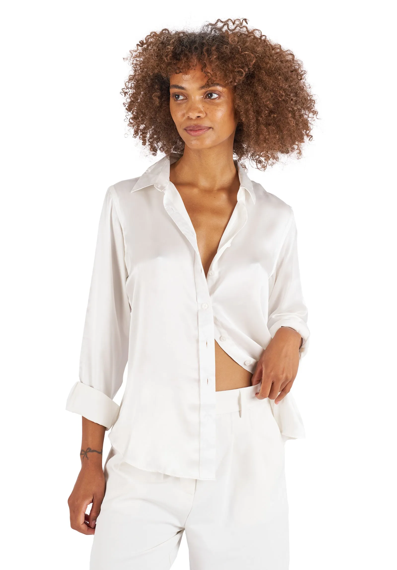 Satin-Silk White Classic Charmeuse Silk Shirt