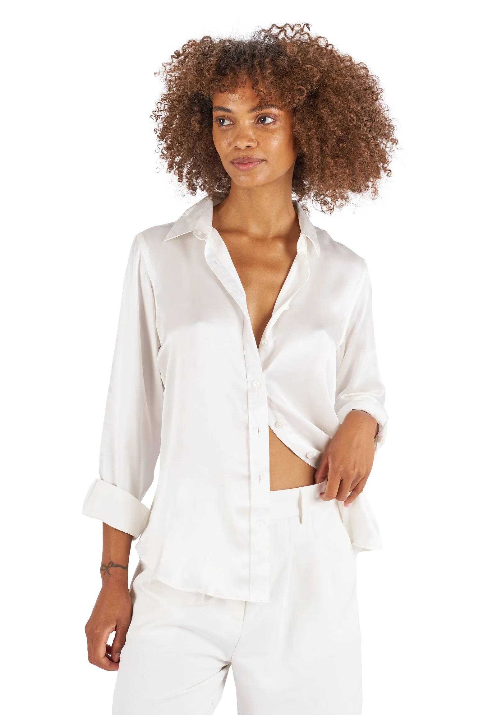 Satin-Silk White Classic Fit Charmeuse Silk Shirt