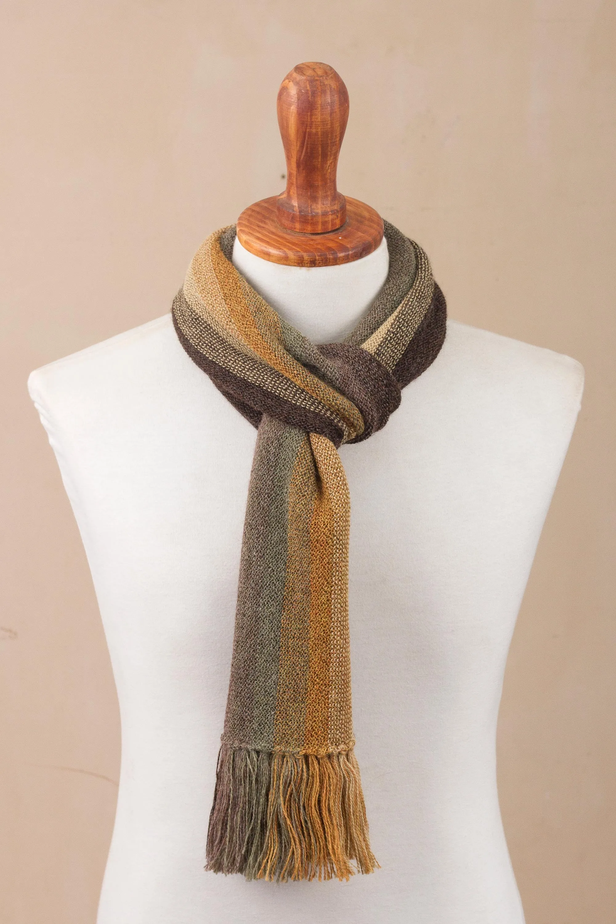 Shades of Brown and Sage Green 100% Alpaca Knit Scarf - Cliffside Stripes | NOVICA