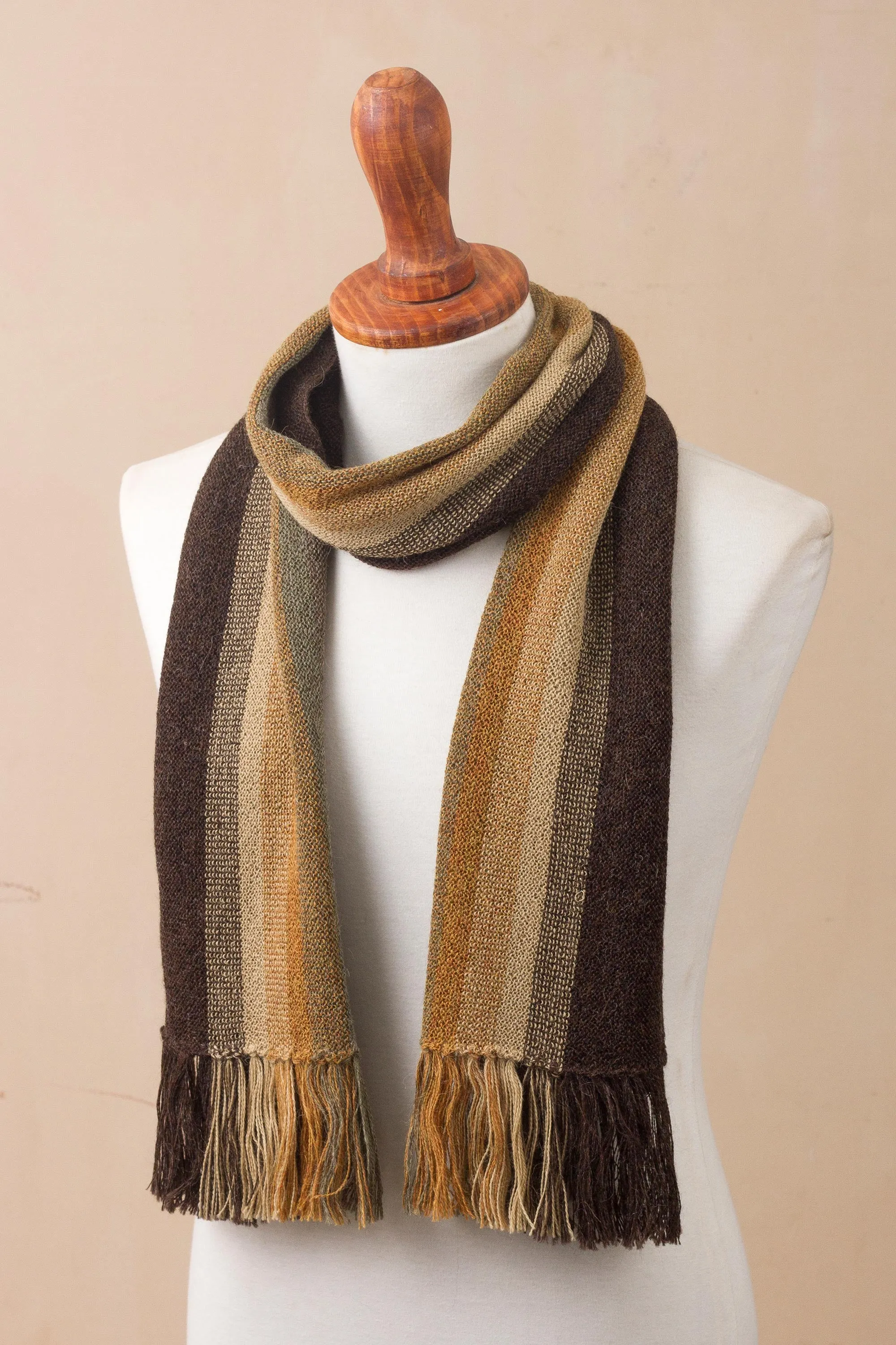 Shades of Brown and Sage Green 100% Alpaca Knit Scarf - Cliffside Stripes | NOVICA