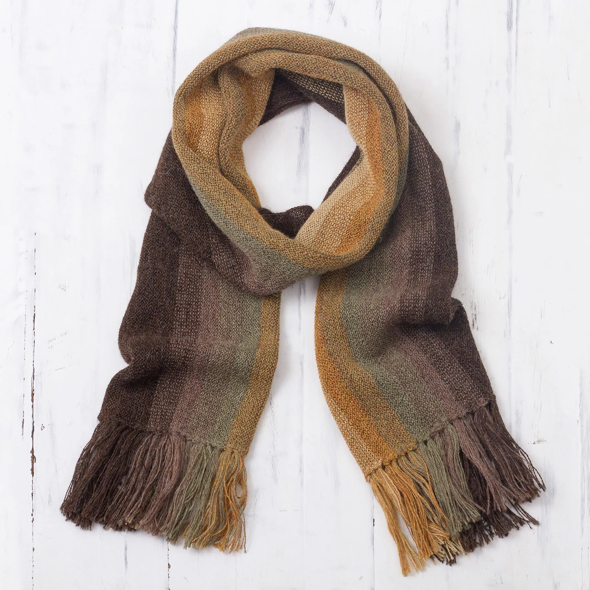 Shades of Brown and Sage Green 100% Alpaca Knit Scarf - Cliffside Stripes | NOVICA