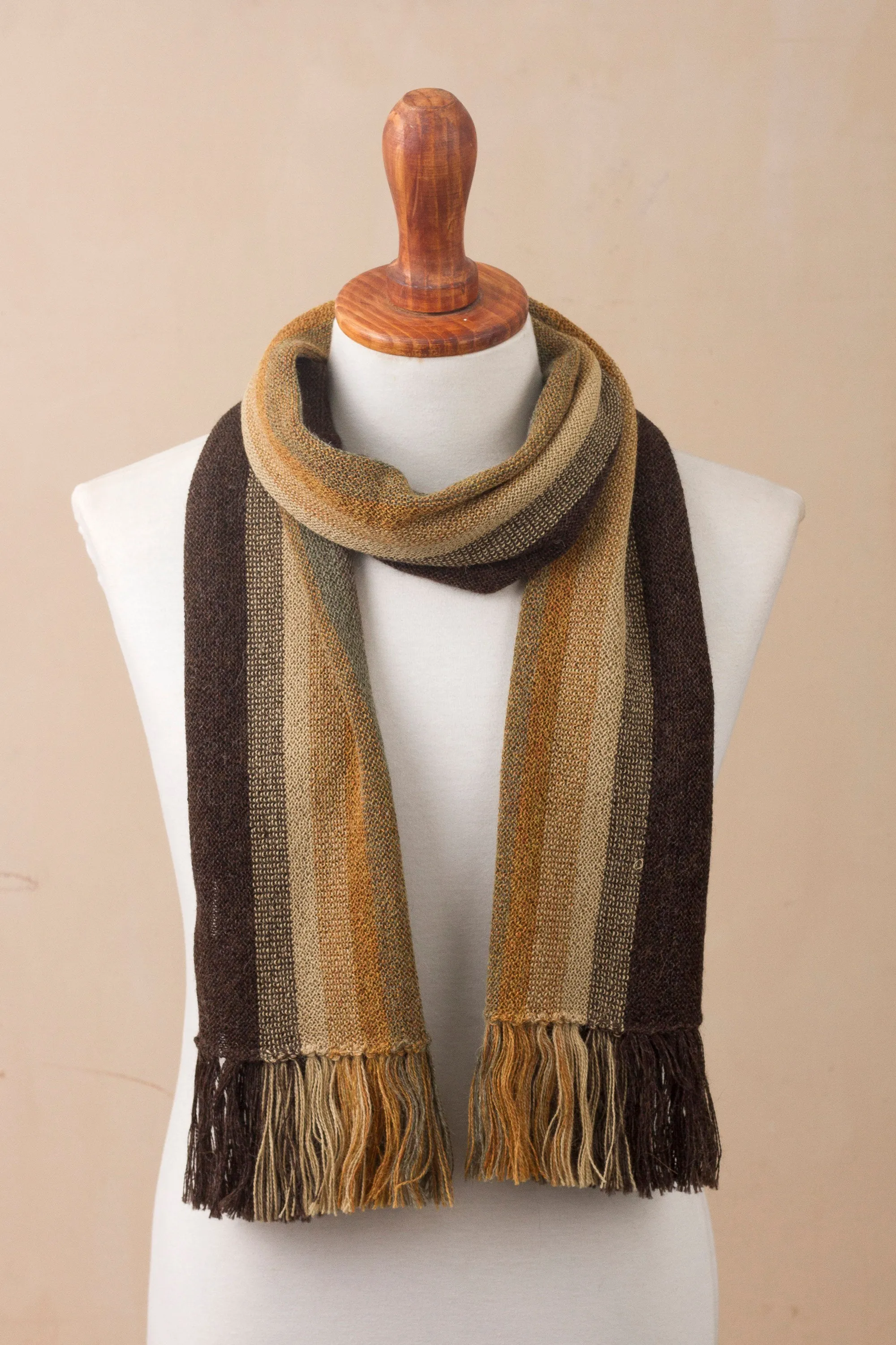 Shades of Brown and Sage Green 100% Alpaca Knit Scarf - Cliffside Stripes | NOVICA