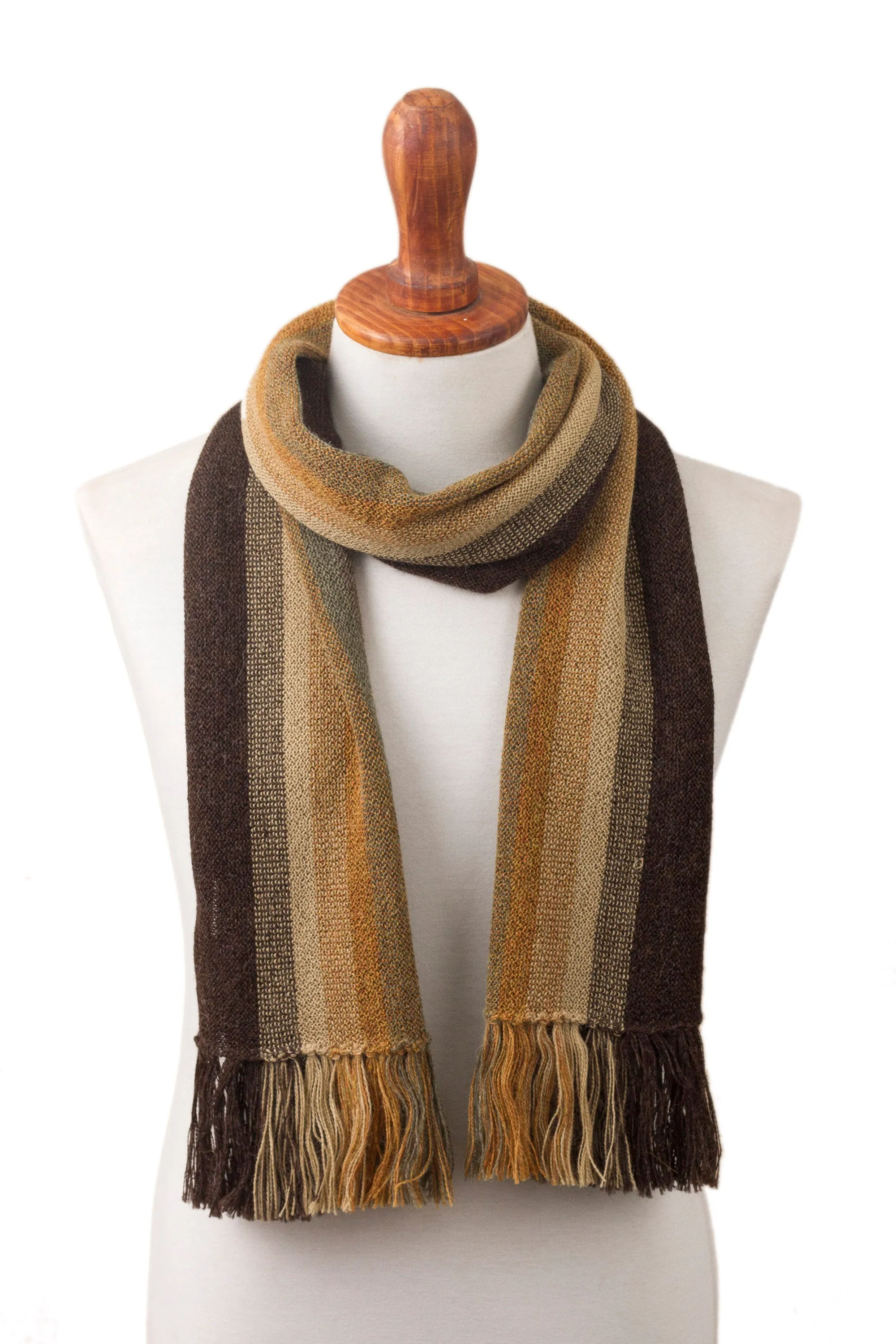 Shades of Brown and Sage Green 100% Alpaca Knit Scarf - Cliffside Stripes | NOVICA