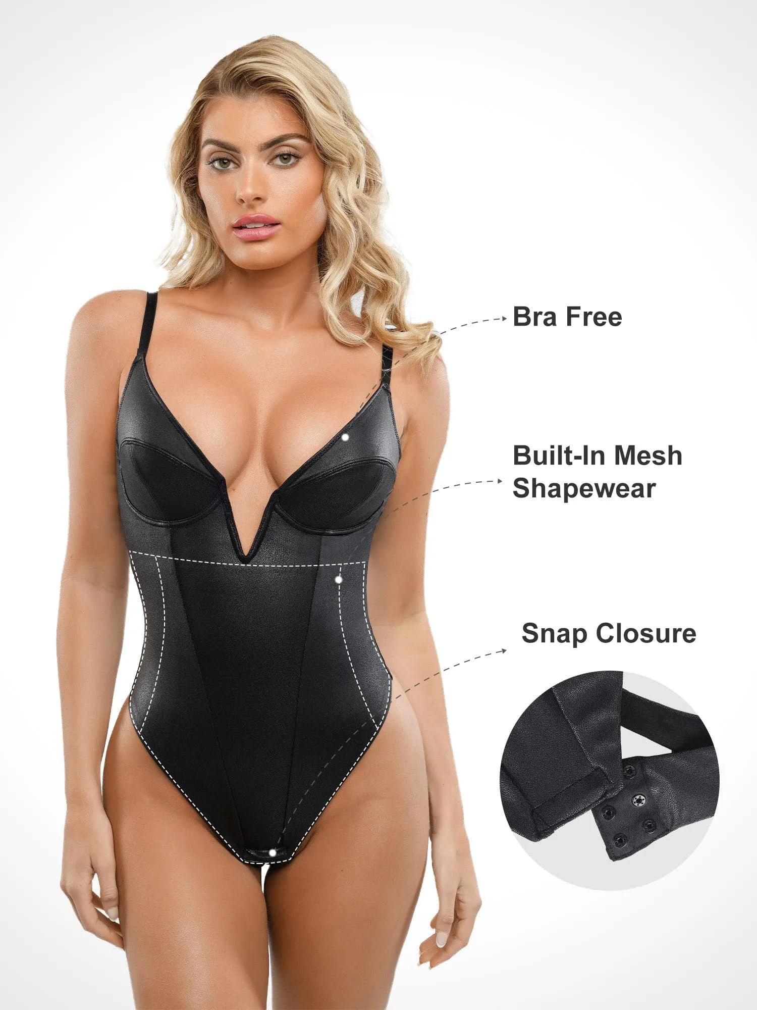 Shapewear Faux Leather Plunging V Sculpting Corset Bodysuit