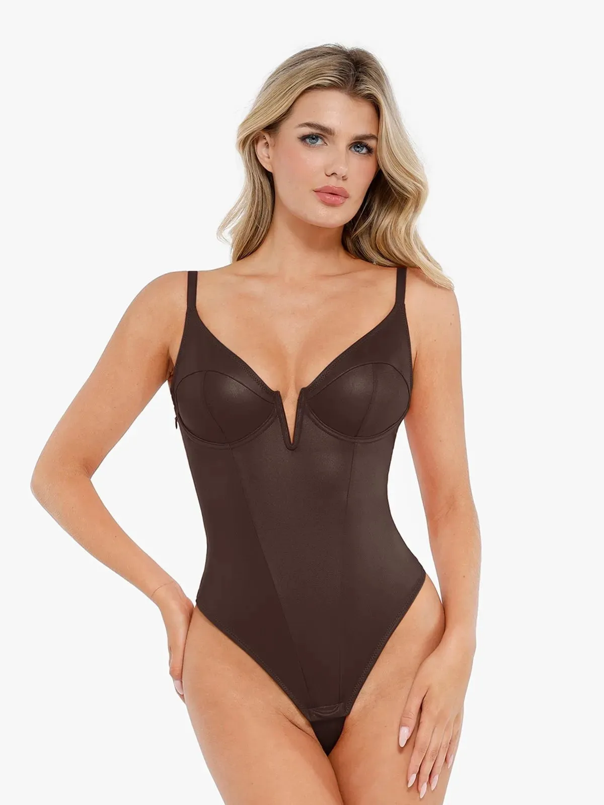 Shapewear Faux Leather Plunging V Sculpting Corset Bodysuit