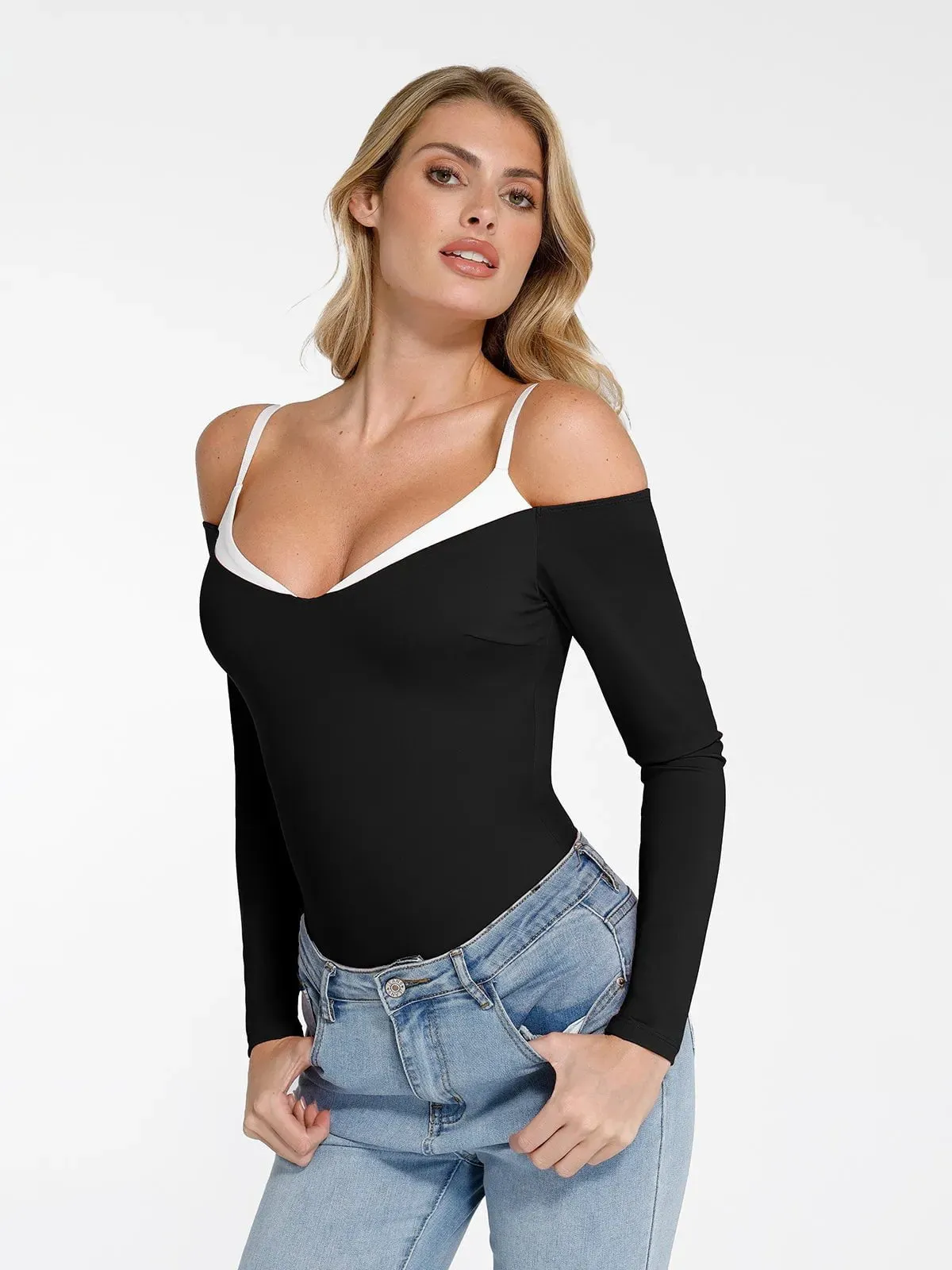 Shapewear Long Sleeve Cold Shoulder Tummy Control Bodysuit