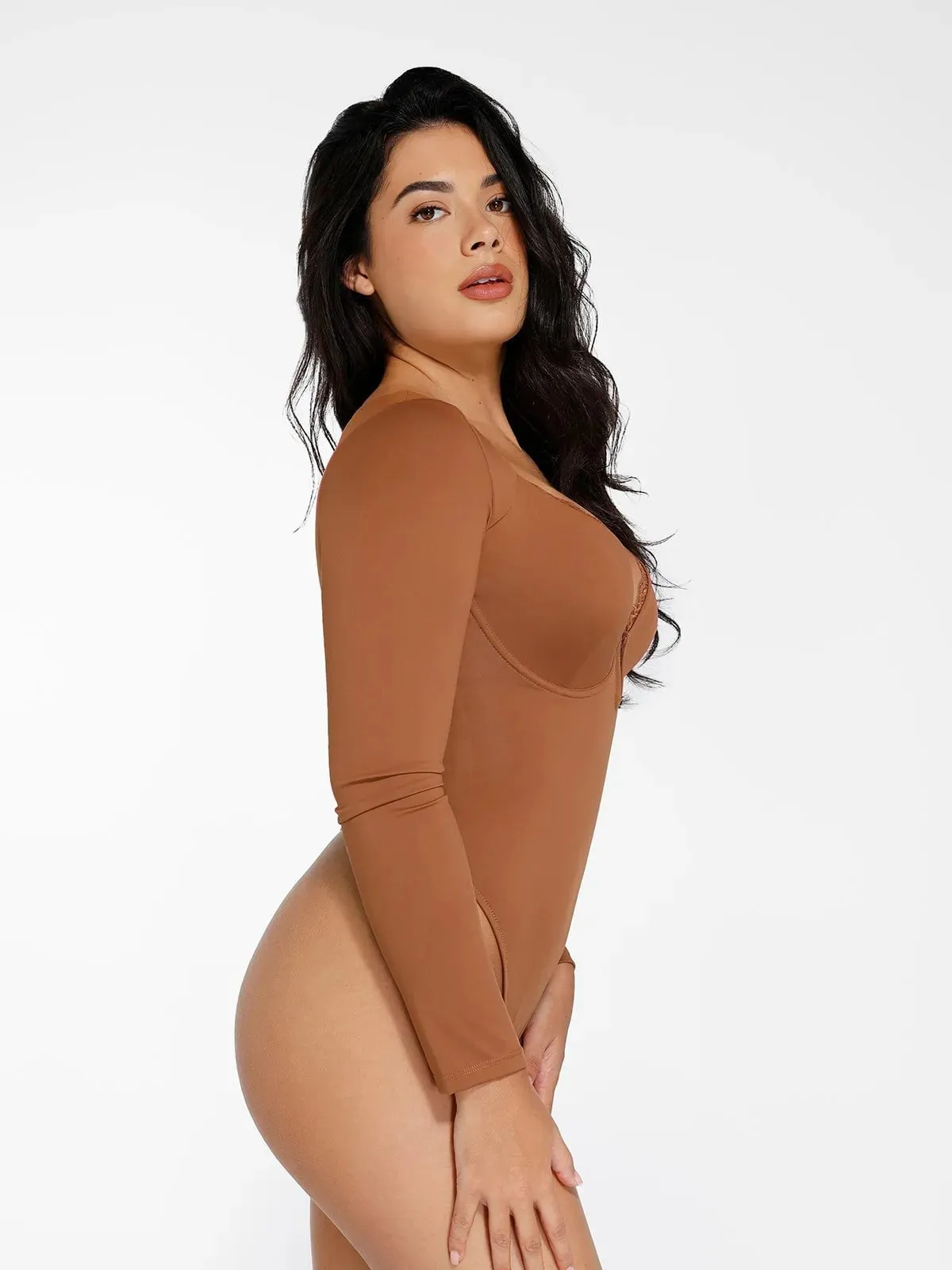 Shapewear Long Sleeve Lace Trim V-Neck Slimming Bodysuit