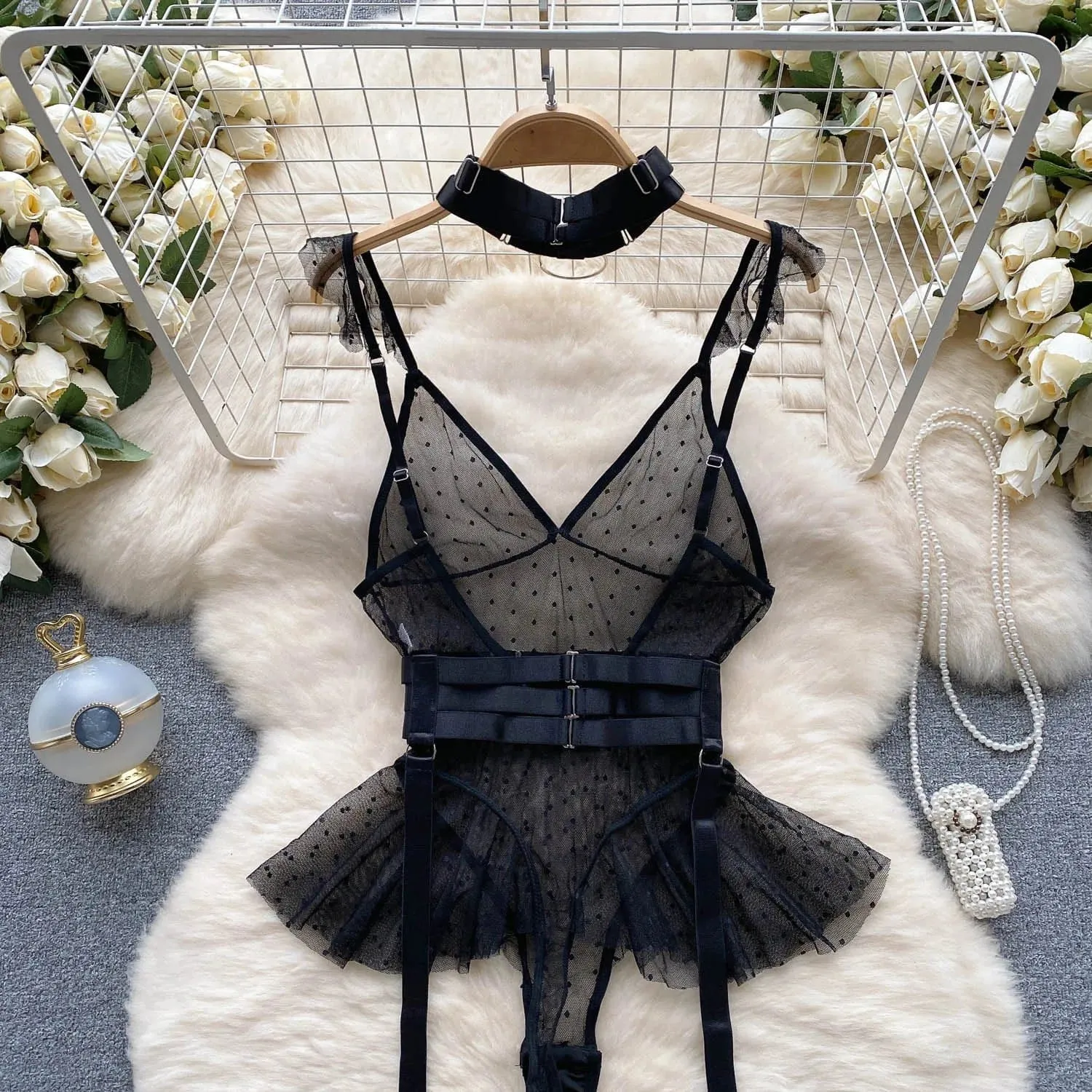 Sheer Corset Bodysuit Lingerie with Ruffles & Dot Pattern