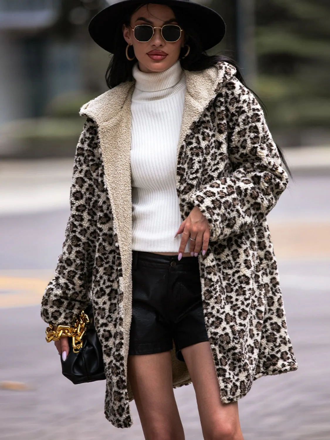 Shiny Leopard Print Hooded Teddy Coat