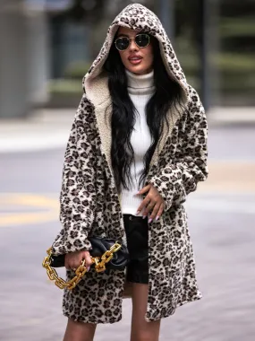 Shiny Leopard Print Hooded Teddy Coat