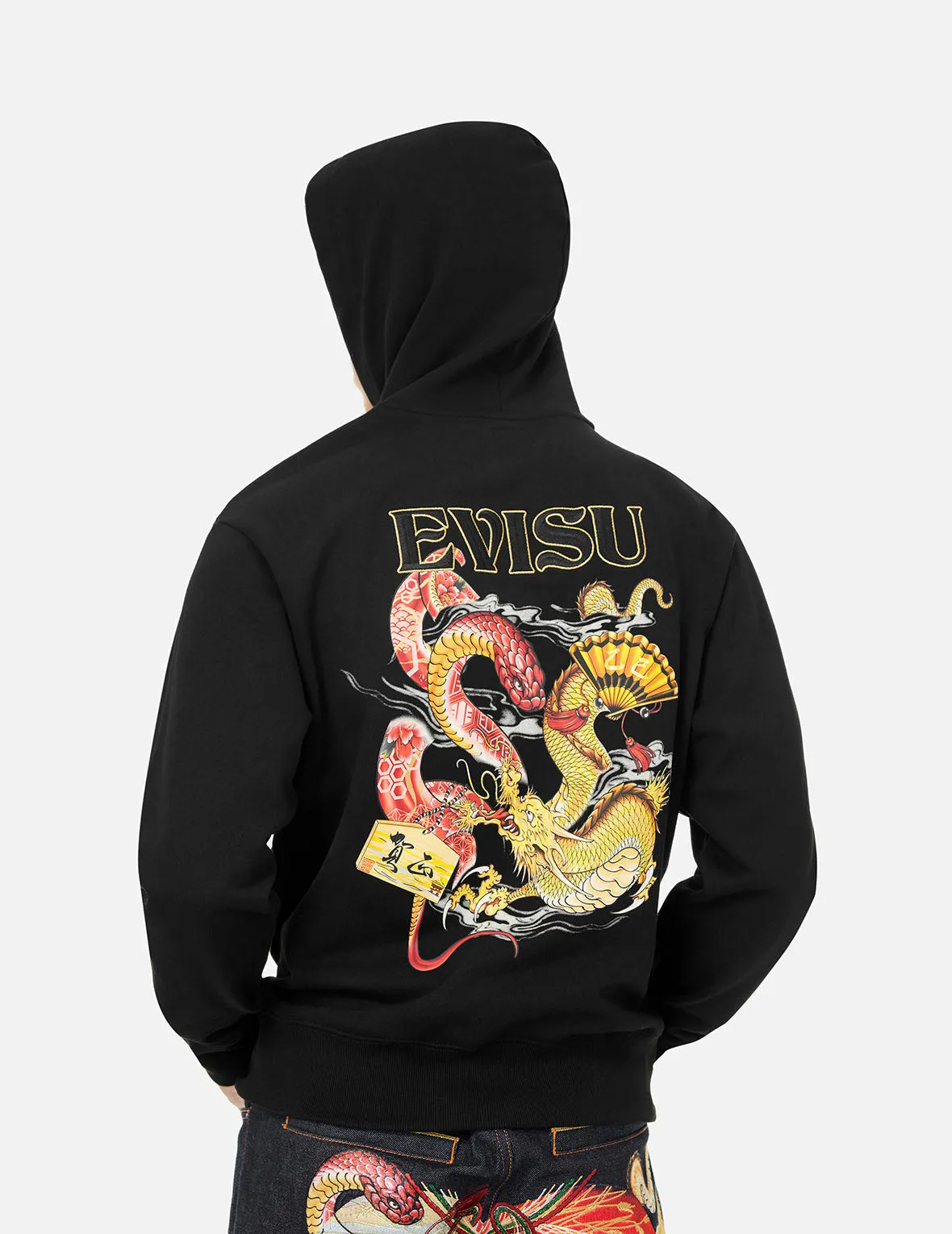 Soaring Snake and Dragon Print Relax Fit Hoodie - Black