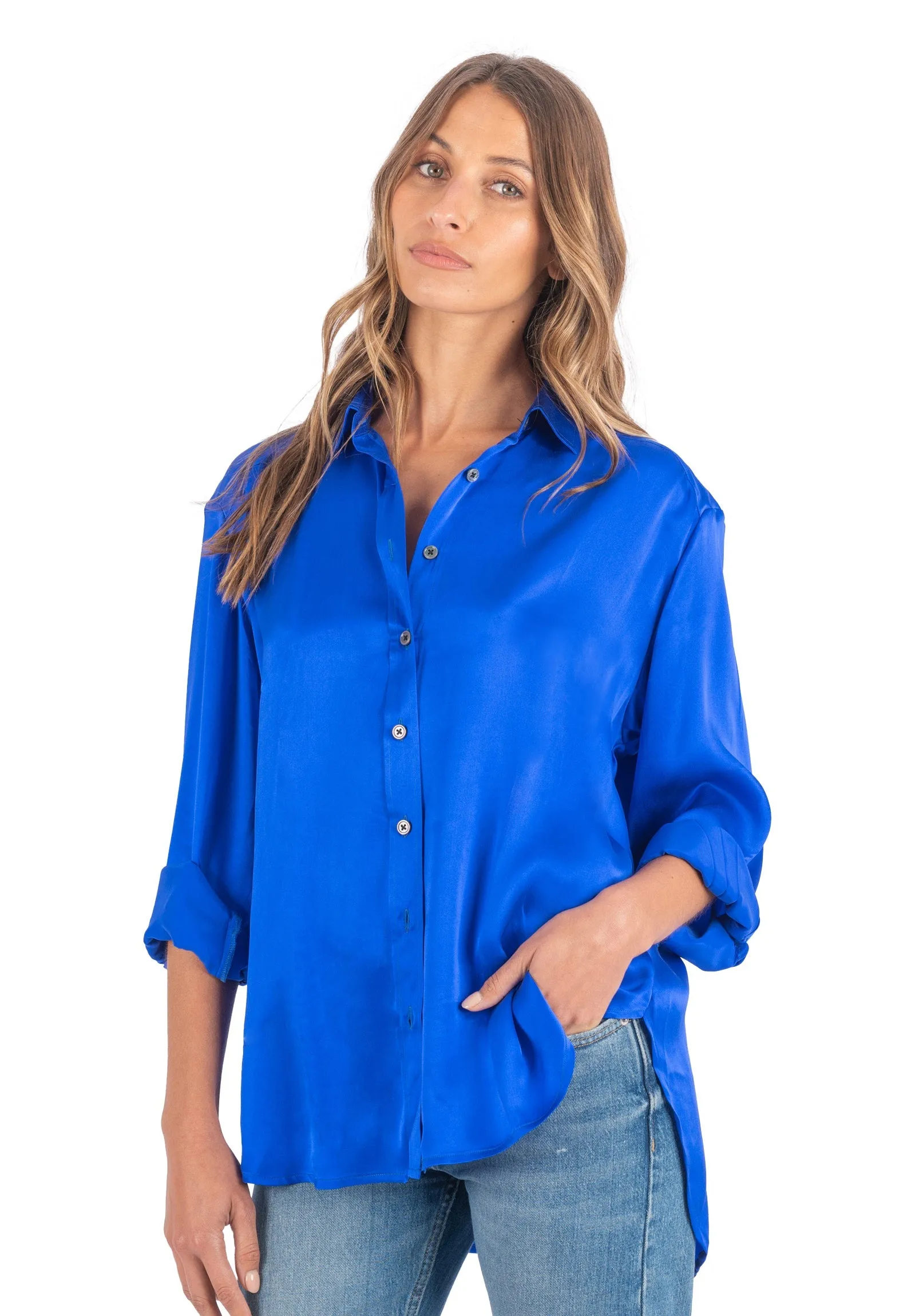 Soie Cobalt Blue Oversized 100% Silk Shirt