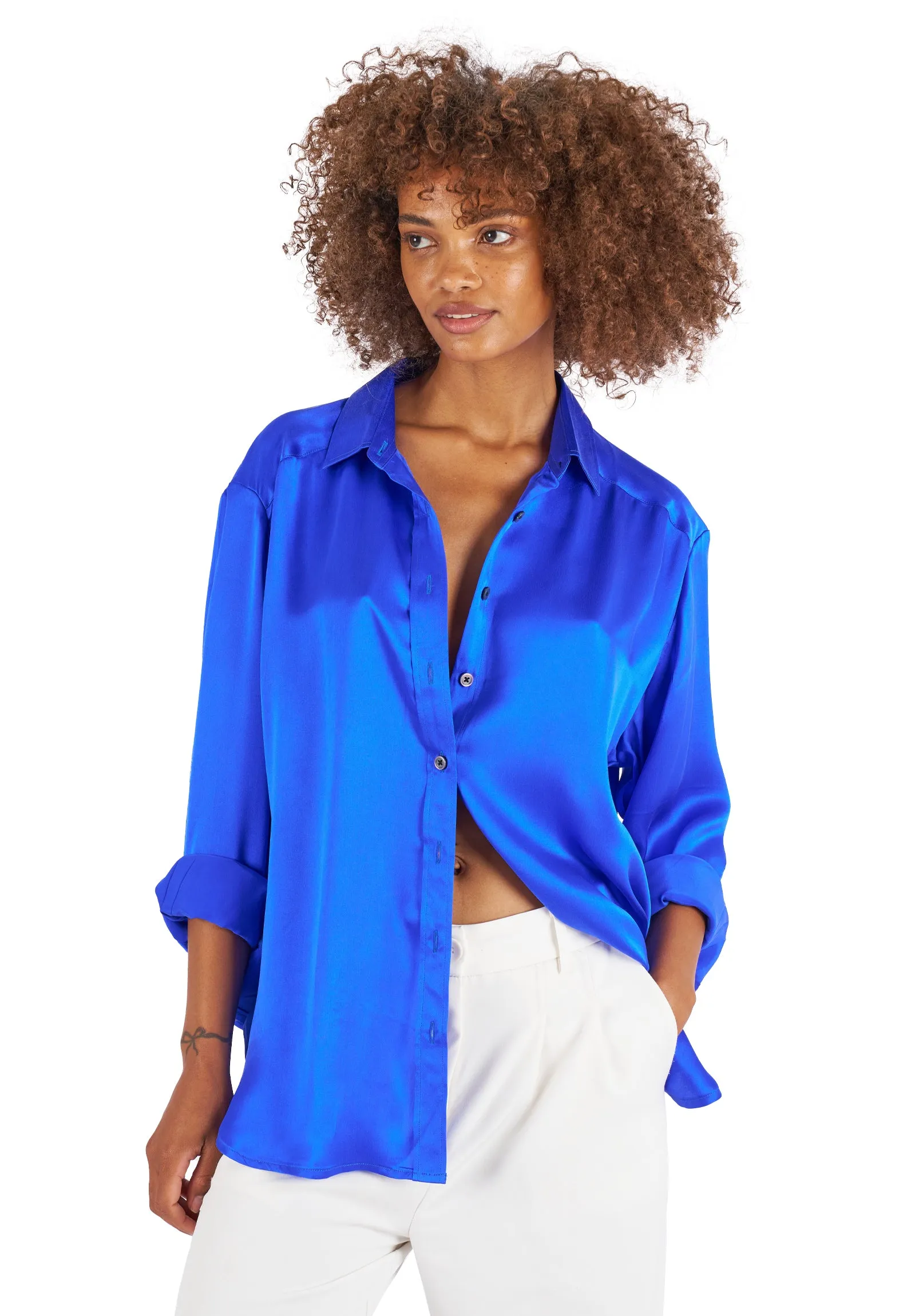 Soie Cobalt Blue Oversized 100% Silk Shirt