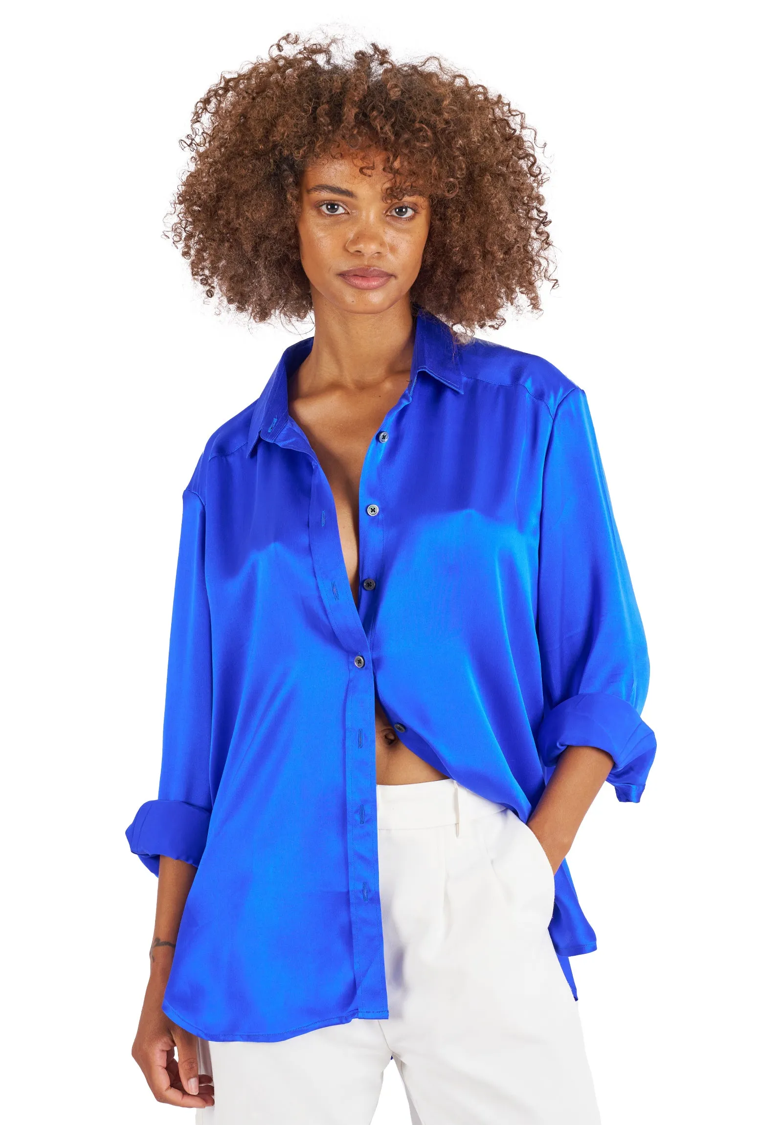 Soie Cobalt Blue Oversized 100% Silk Shirt