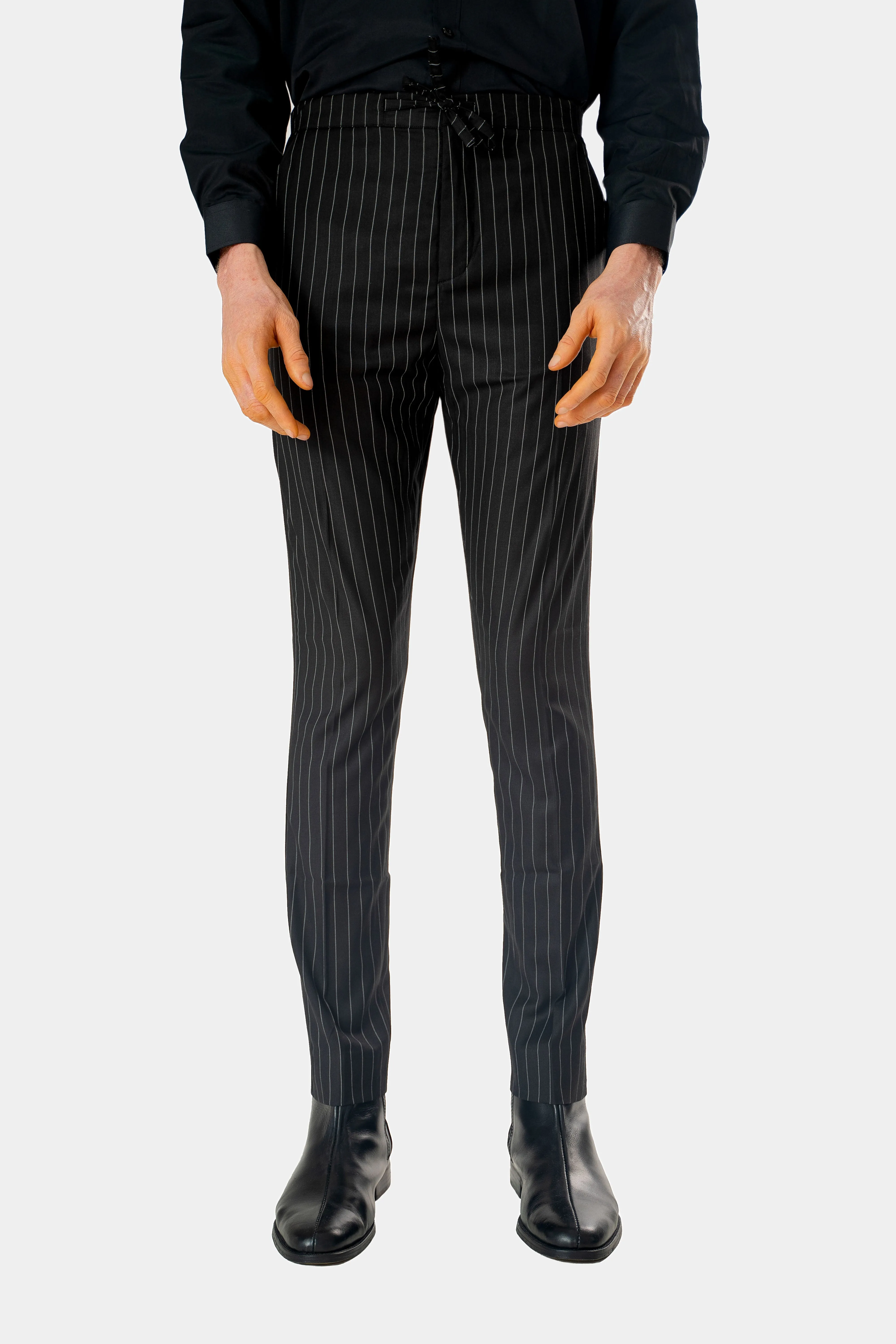 Standard Length Three Quarter Sleeve Wool Pants in Black Pinstripe