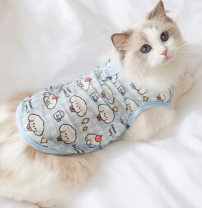 Summer cat breathable thin cute style full print pet Teddy Pomeranian two-legged vest hairless cat blue cat clothes