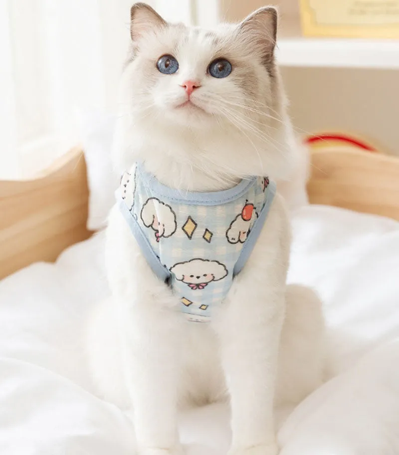 Summer cat breathable thin cute style full print pet Teddy Pomeranian two-legged vest hairless cat blue cat clothes