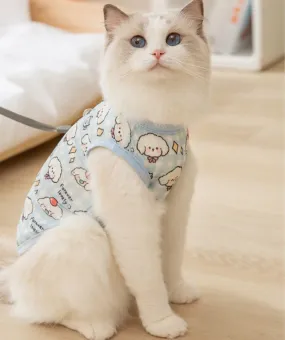 Summer cat breathable thin cute style full print pet Teddy Pomeranian two-legged vest hairless cat blue cat clothes