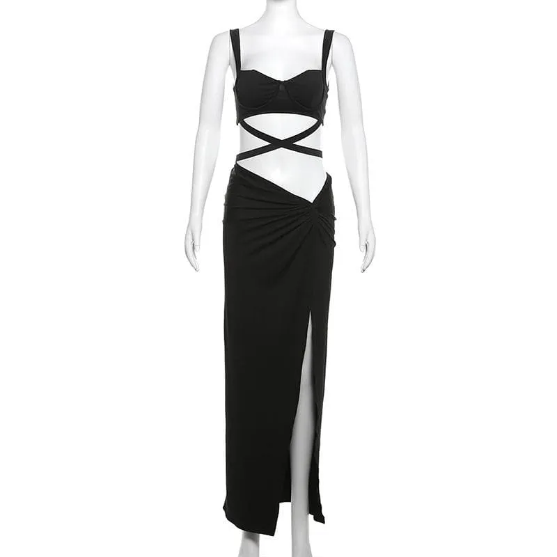 Sweetheart neck cross front ruched high slit cami maxi skirt set