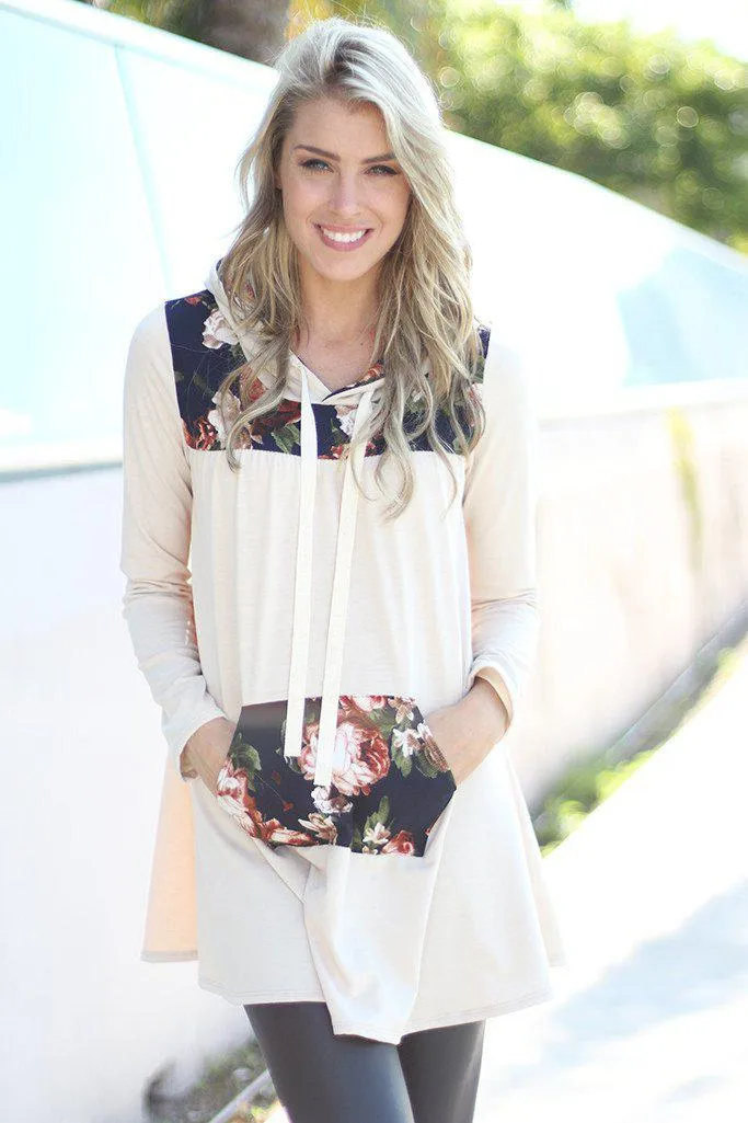 Taupe Floral Hooded Tunic