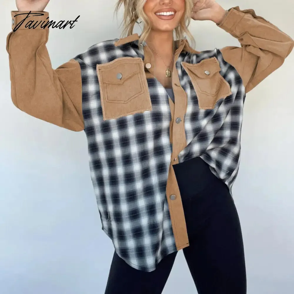 Tavimart Lady Autumn Casual Plaid Patchwork Jacket Fashion Long Sleeve Lapel Single Breasted Coat Women Retro Loose Irregular Shirt Coats