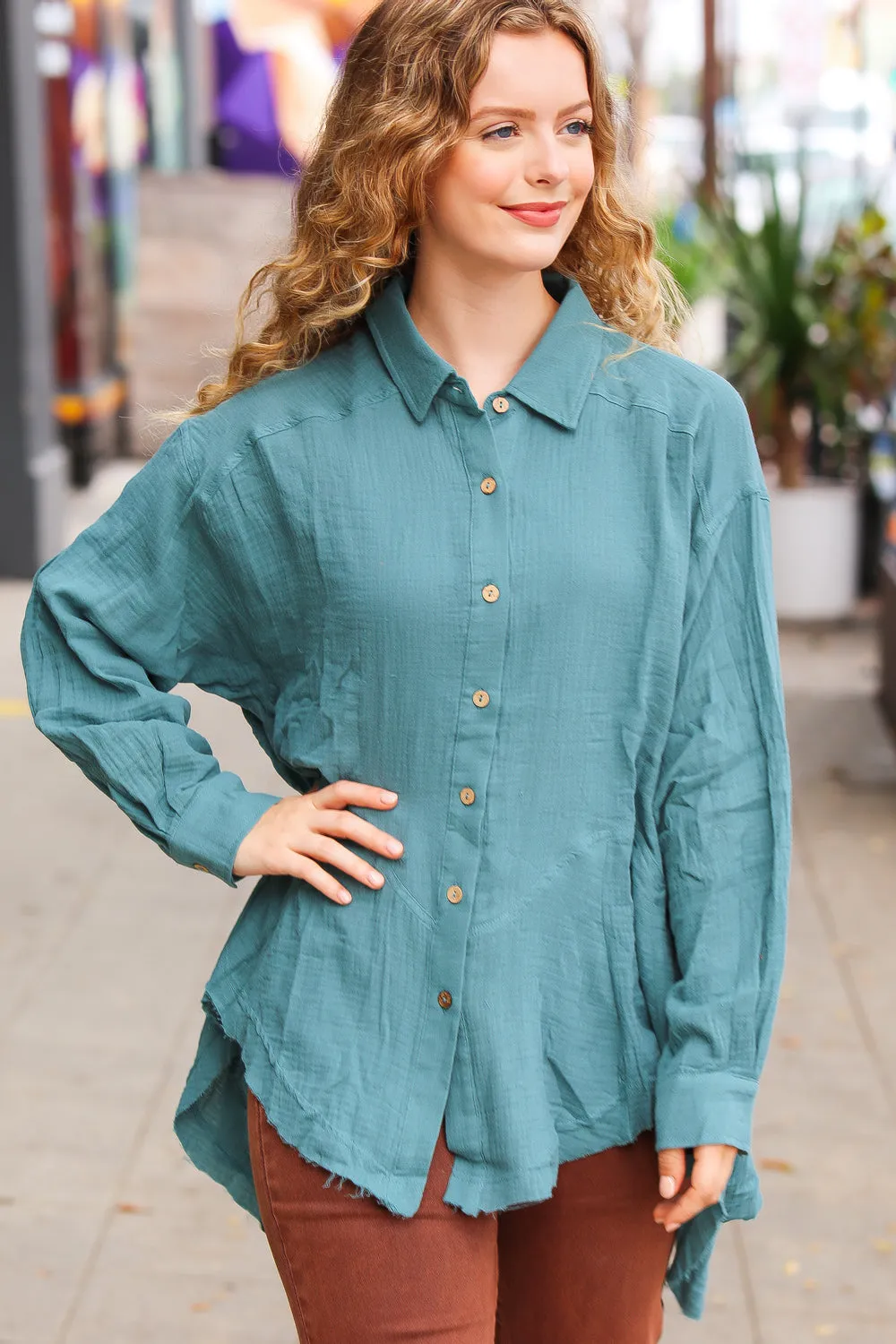 Teal Button Down Sharkbite Cotton Tunic Top