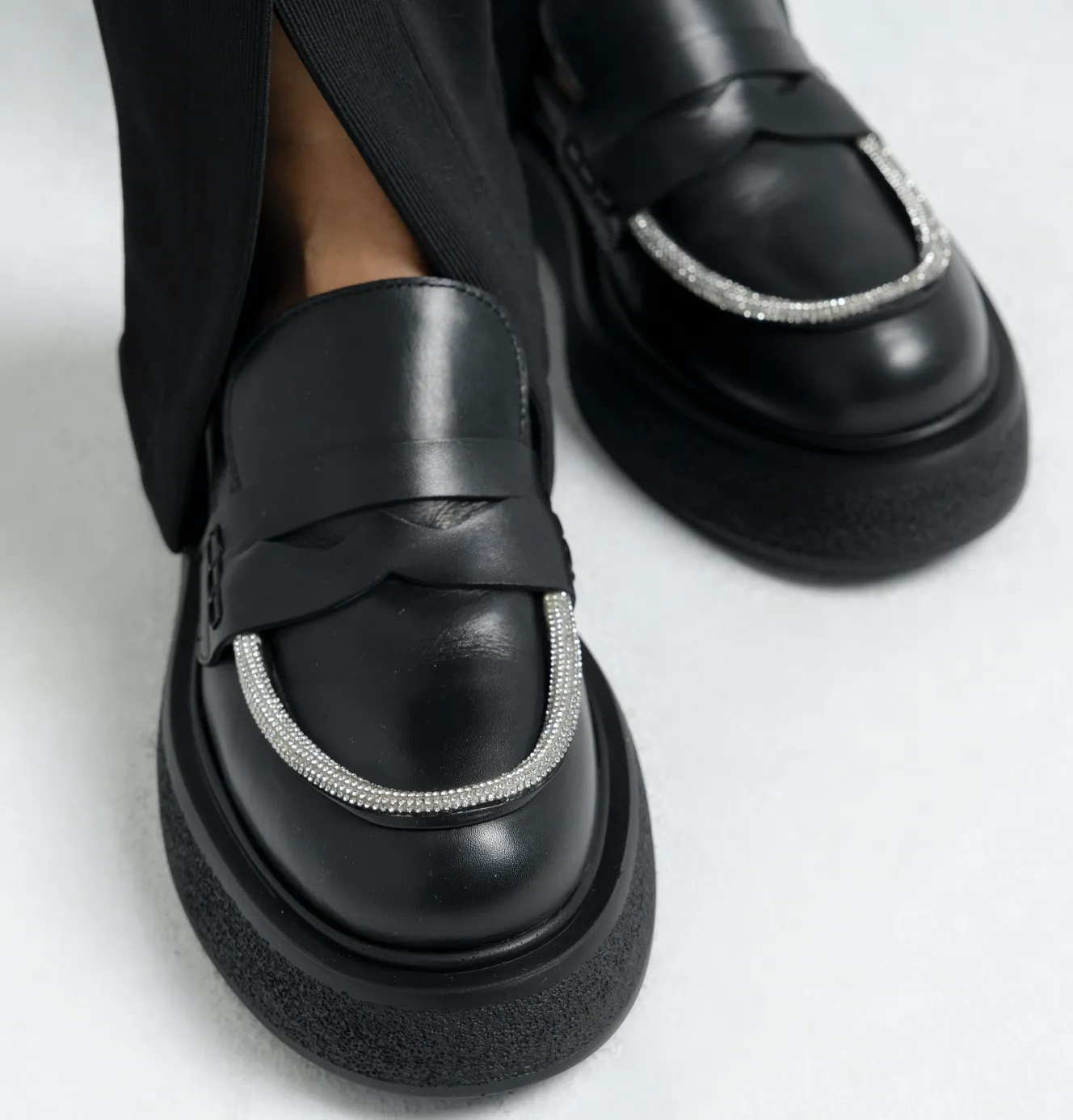 Tomi Strass Black Leather Chunky Loafers