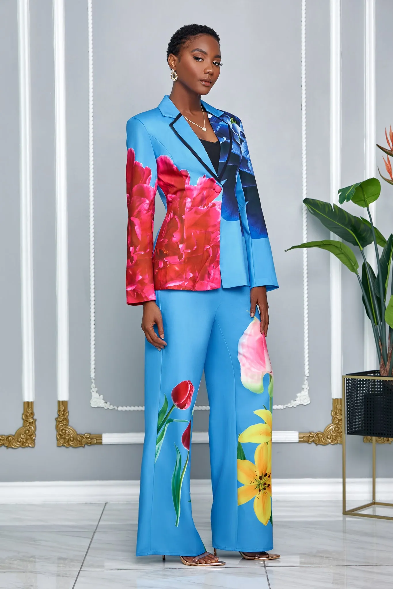 TULIP FLOWER PRINT BLAZER WITH MATCHING PANTS (BLUE MULTI)