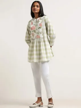 Utsa Green Floral Printed Checked Cotton Tunic