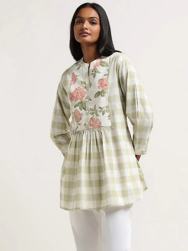 Utsa Green Floral Printed Checked Cotton Tunic