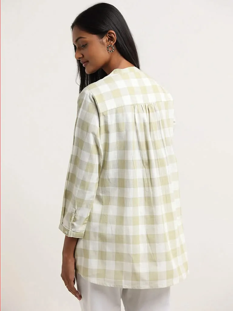 Utsa Green Floral Printed Checked Cotton Tunic