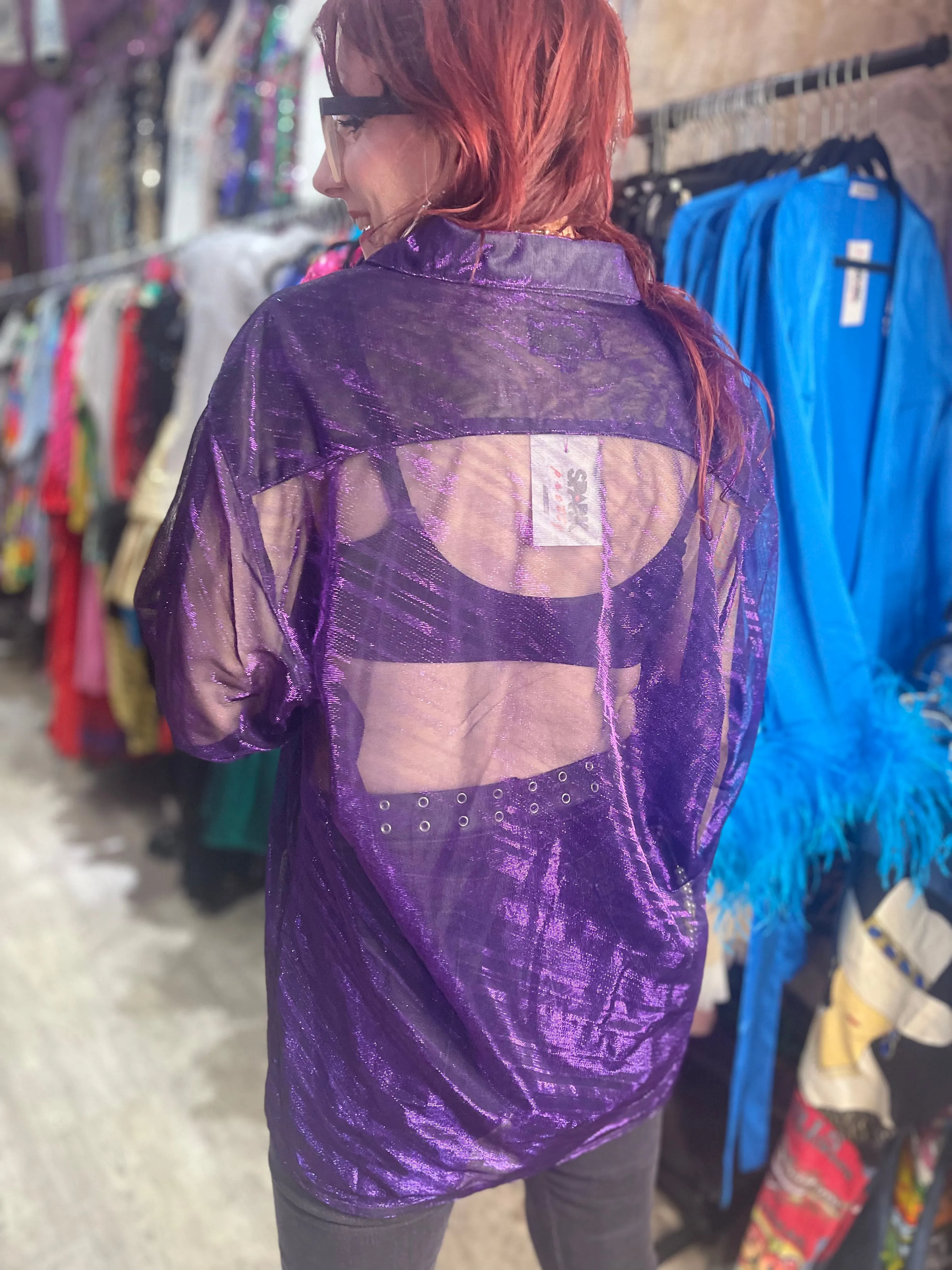 Vintage 90s Shiny Sparkly Sheer Purple Long Sleeve Shirt