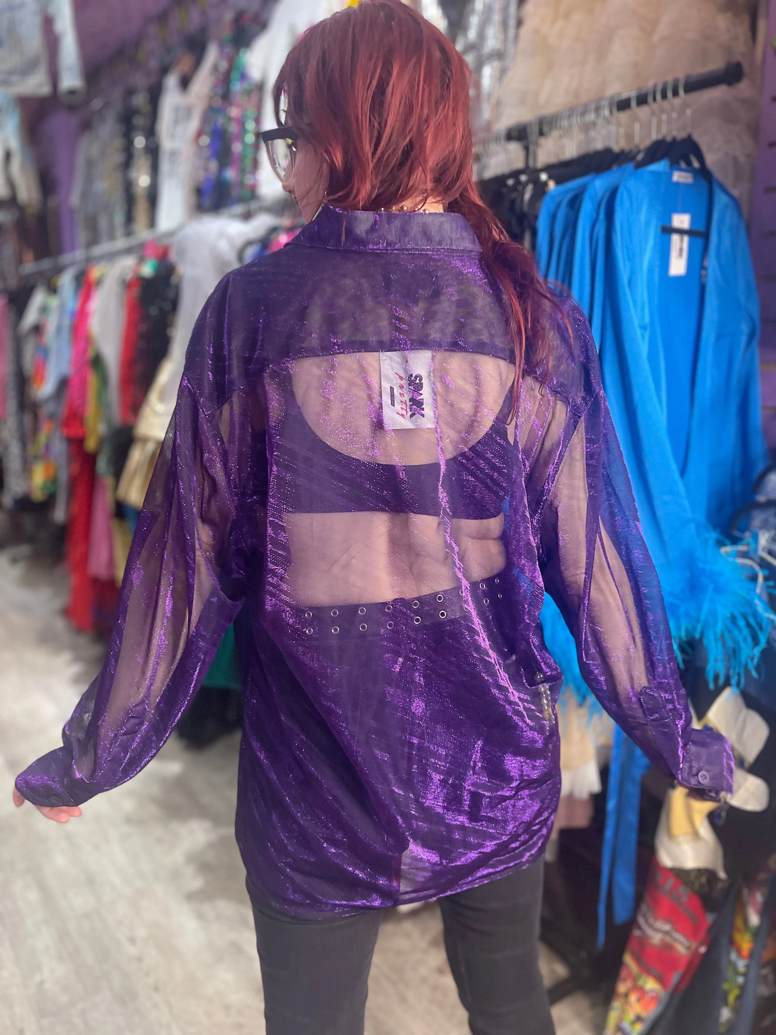 Vintage 90s Shiny Sparkly Sheer Purple Long Sleeve Shirt