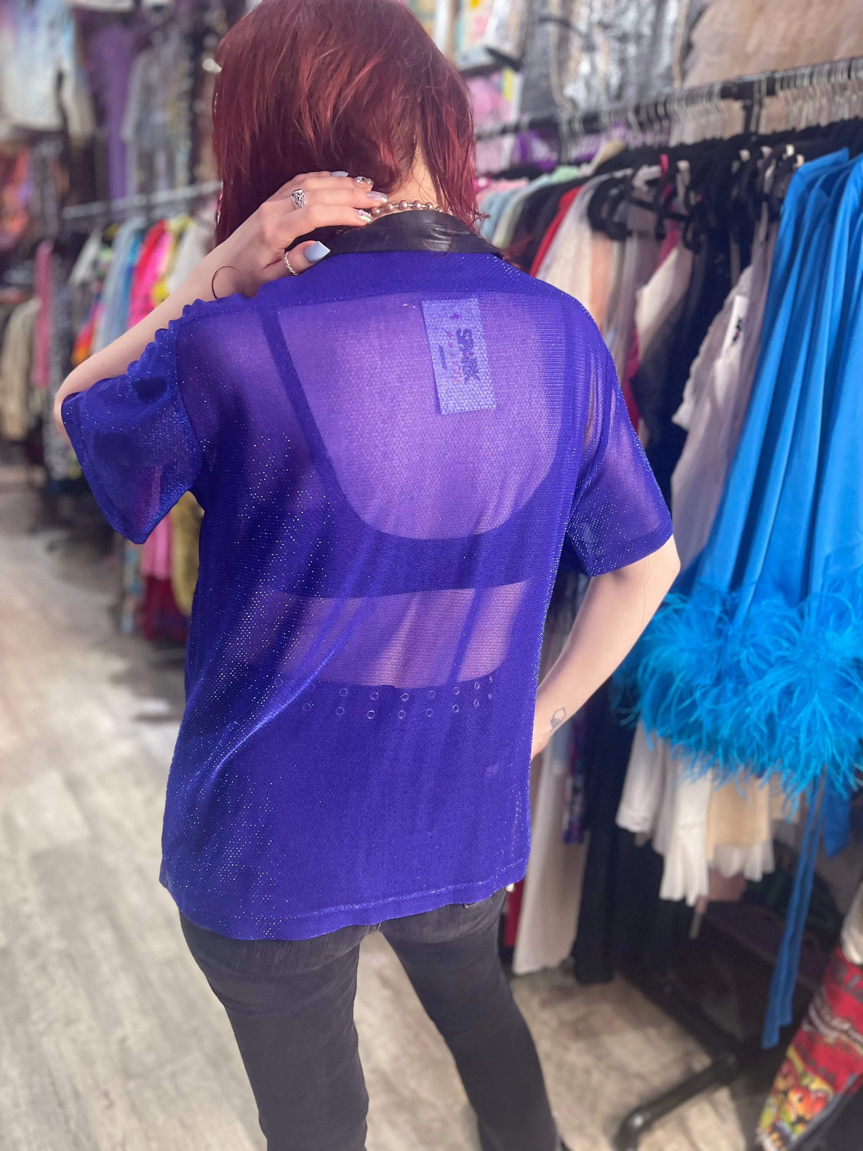 Vintage 90s Shiny Sparkly Sheer Purple Shirt