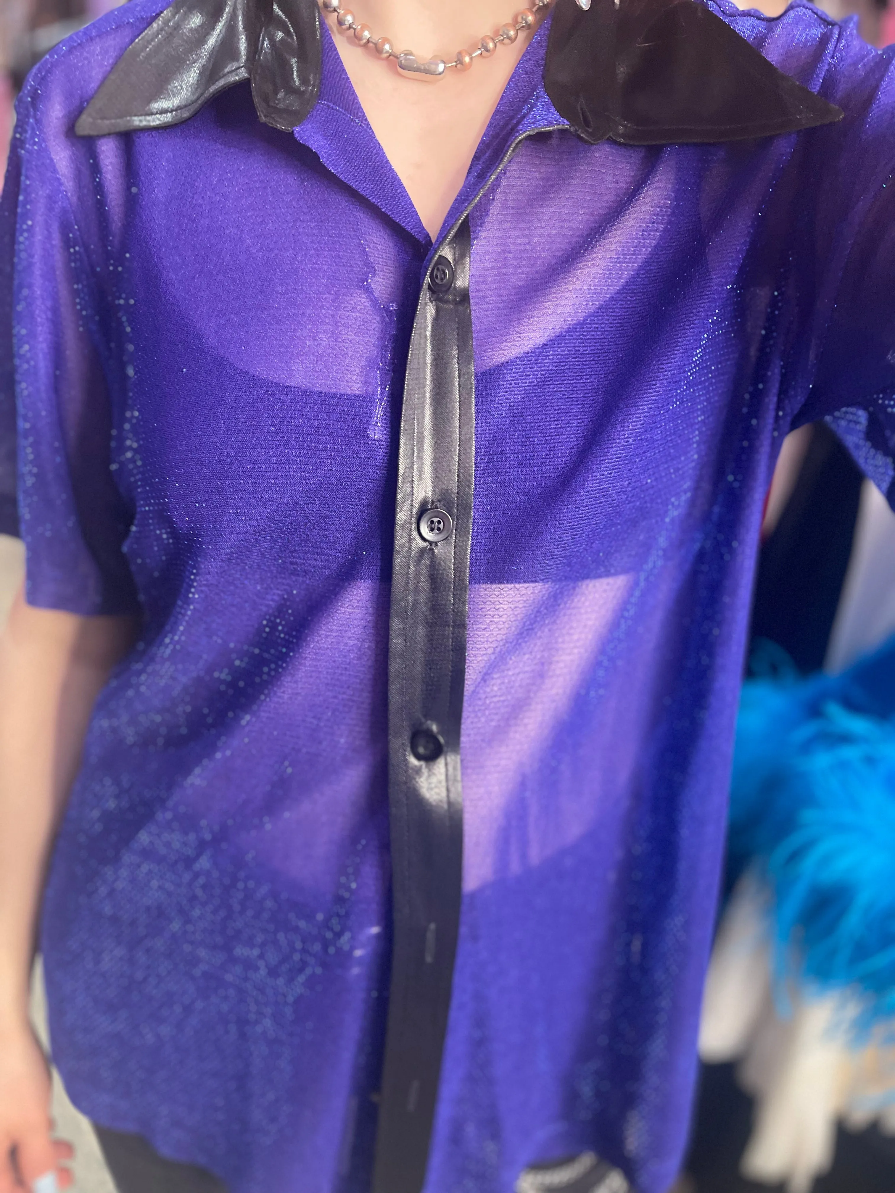 Vintage 90s Shiny Sparkly Sheer Purple Shirt