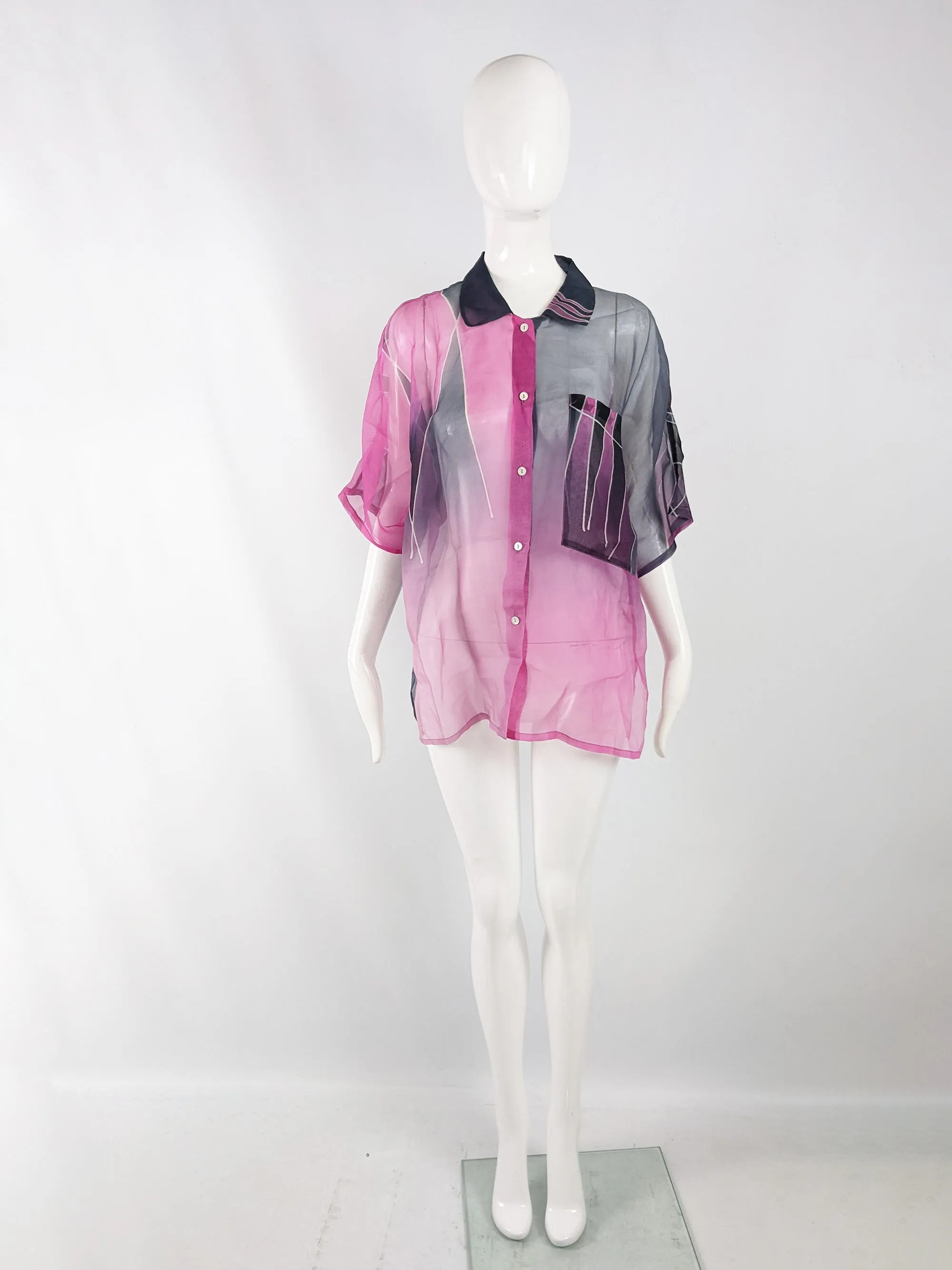 Vintage Hand Painted Sheer Silk Blouse, 1980s