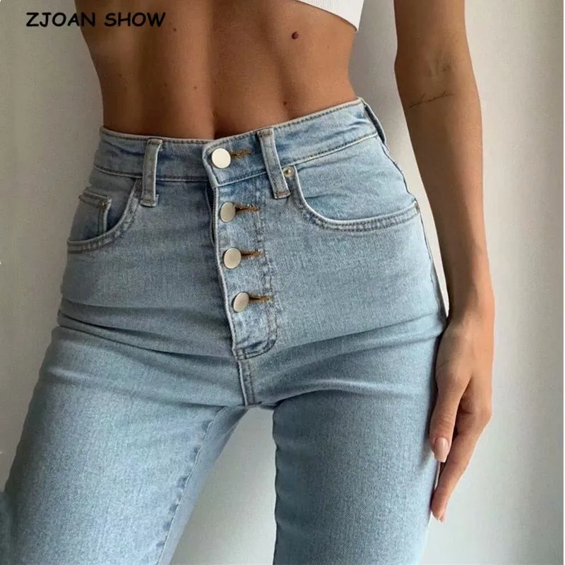 Vintage Skinny Four Buttons High Waist Pencil Jeans Women Slim Fit Stretch Denim Pants Full Length Denim Tight Trousers