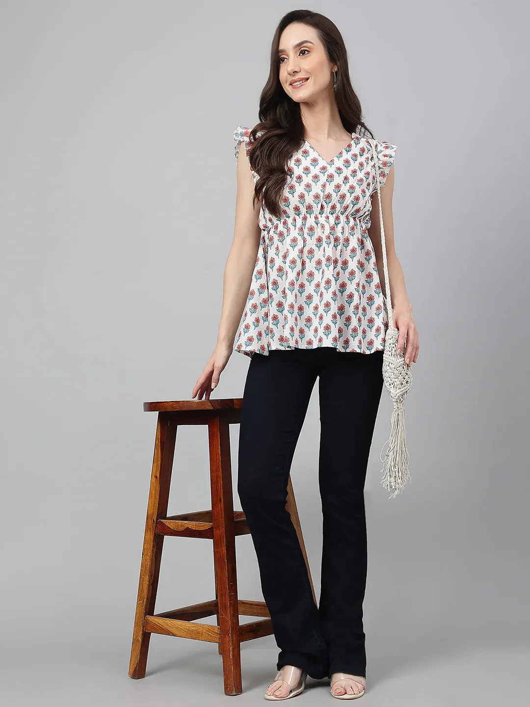 White Cotton Floral Print Top