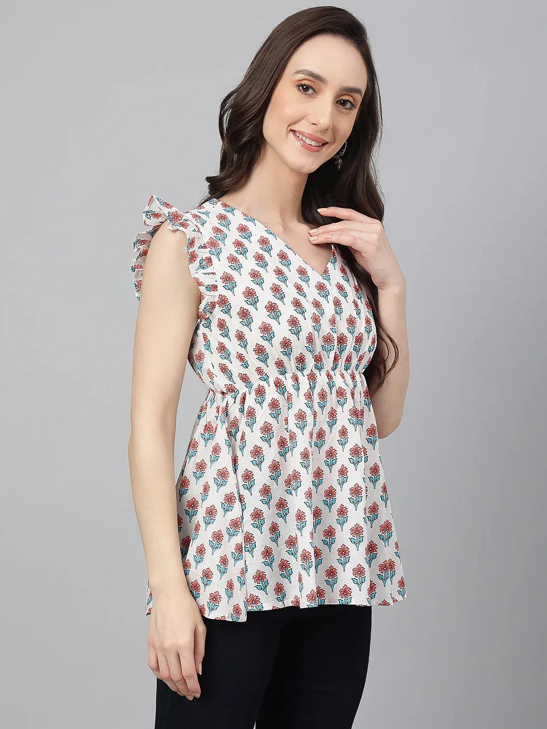 White Cotton Floral Print Top