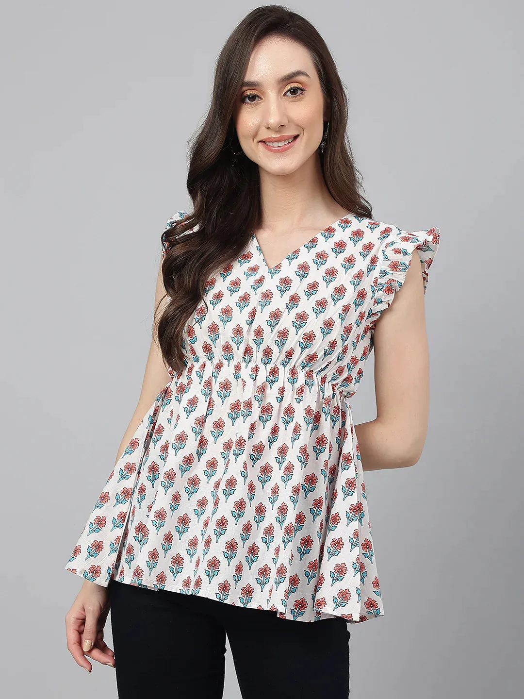 White Cotton Floral Print Top