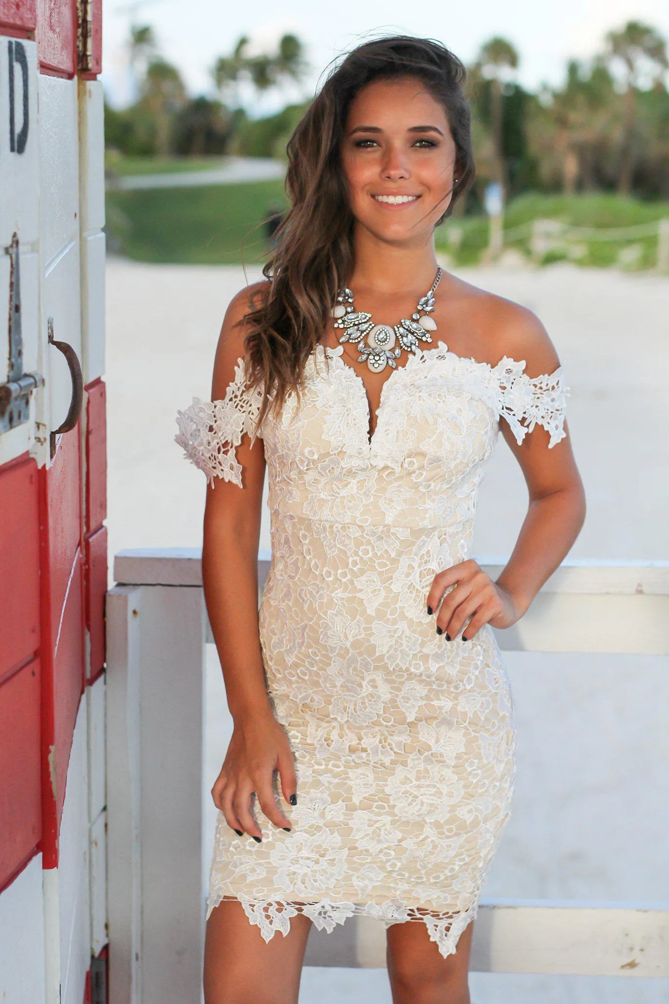 White Off Shoulder Crochet Short Dress