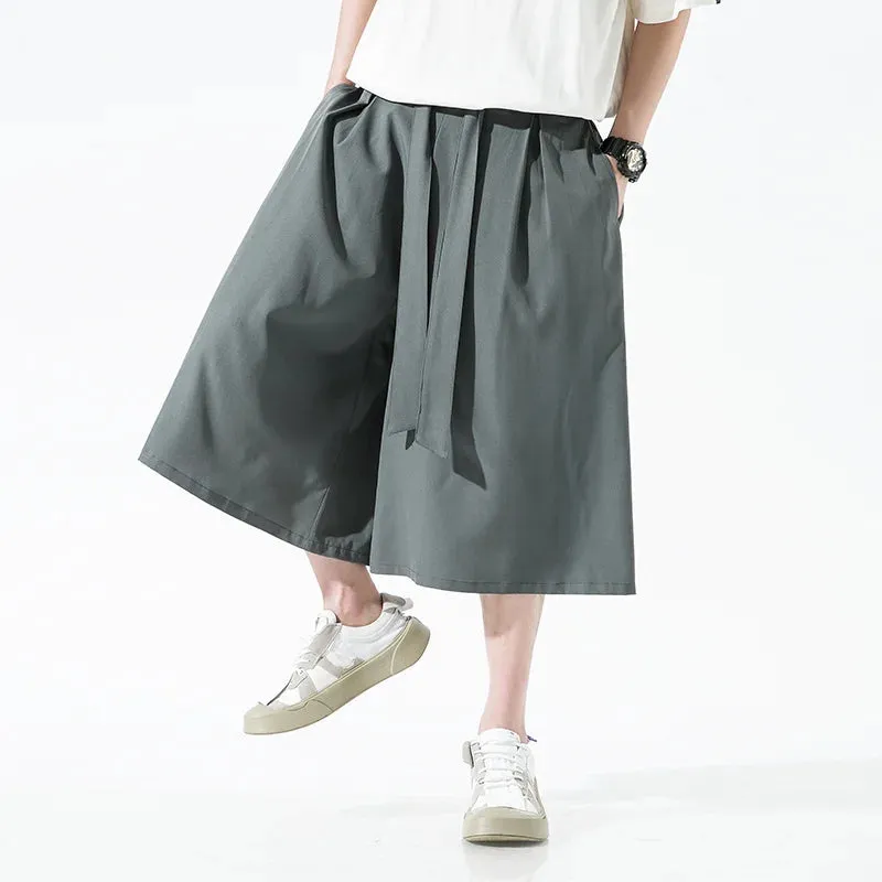 Wiaofellas  -  Chinese Traditional Dress Plus Size Ice Silk Wide Pants Men Clothing Summer Casual Straight Cropped Pants Oversized Pants Male