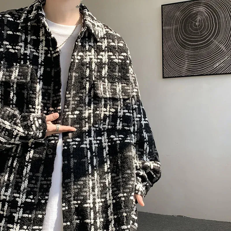 Wiaofellas  -  Thick Woolen Coat Men Warm Fashion Retro Plaid Jacket Men Streetwear Korean Loose Short Woolen Coat Mens Thicken Woolen Jackets