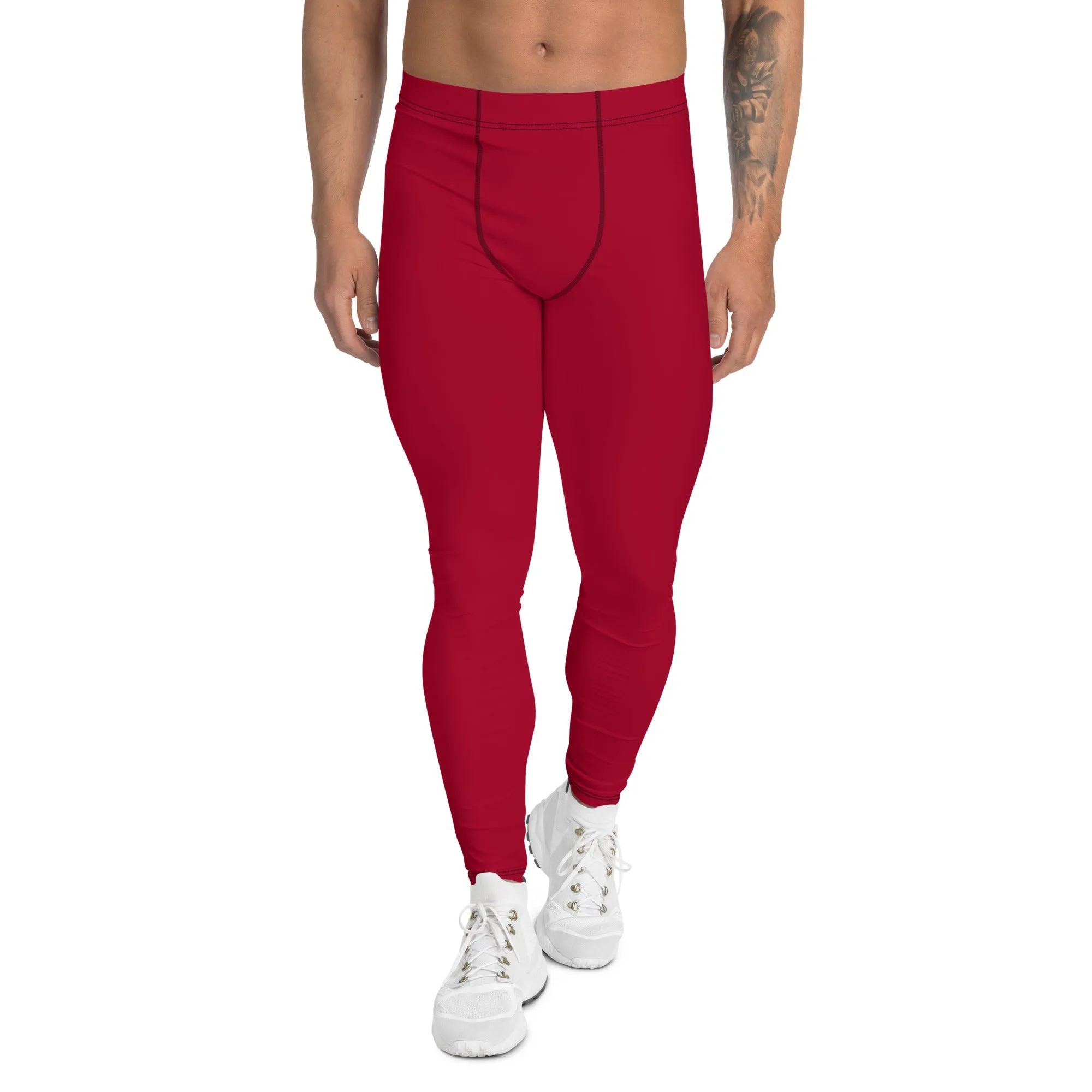 Wine Red Color Men's Leggings, Solid Red Color Premium Designer Men's Tight Pants - Made in USA/EU/MX