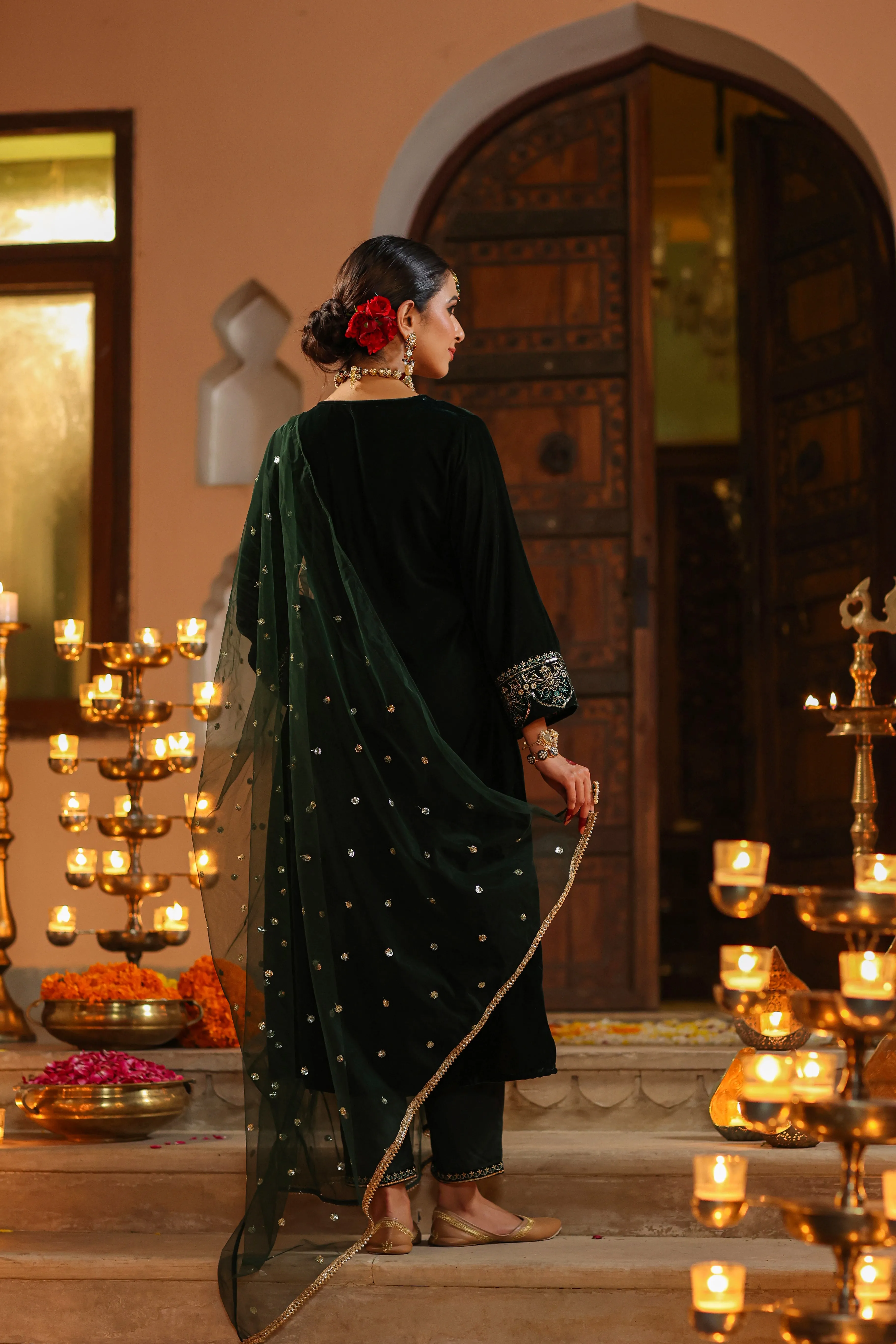 Women Bottlegreen Velvet Embroidered Kurta, Pants & Dupatta Set