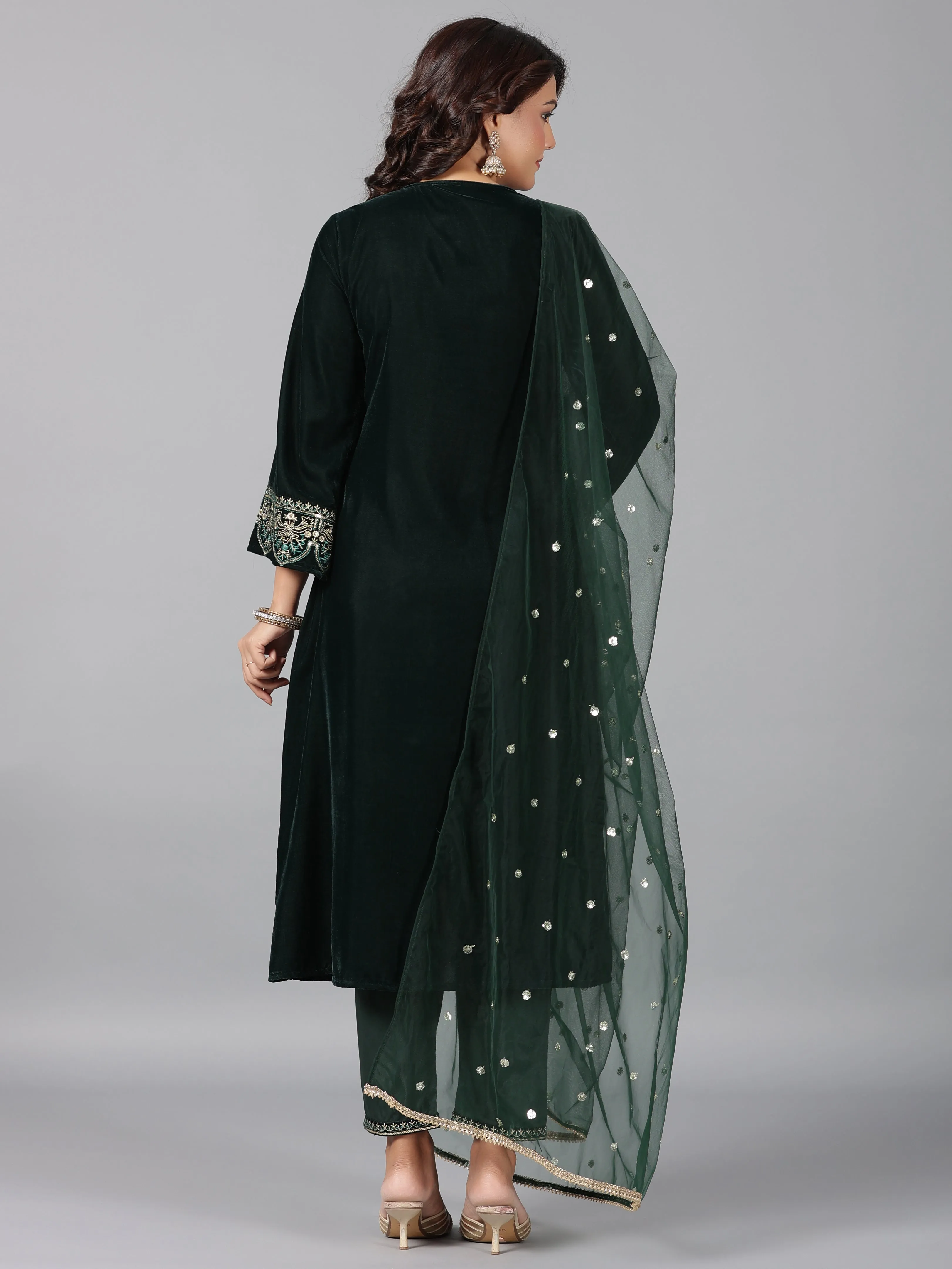 Women Bottlegreen Velvet Embroidered Kurta, Pants & Dupatta Set